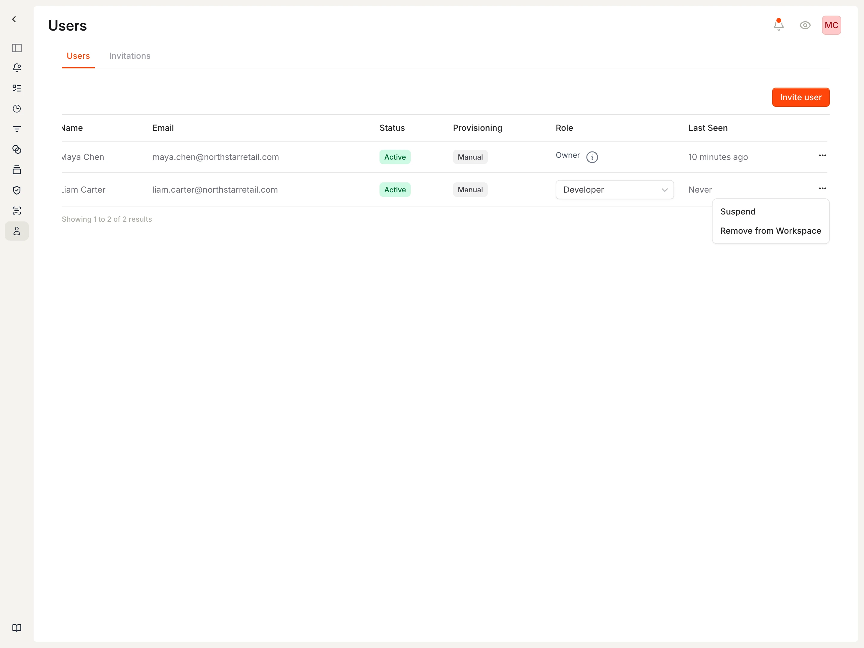 User actions menu showing Suspend and Remove from Workspace options.