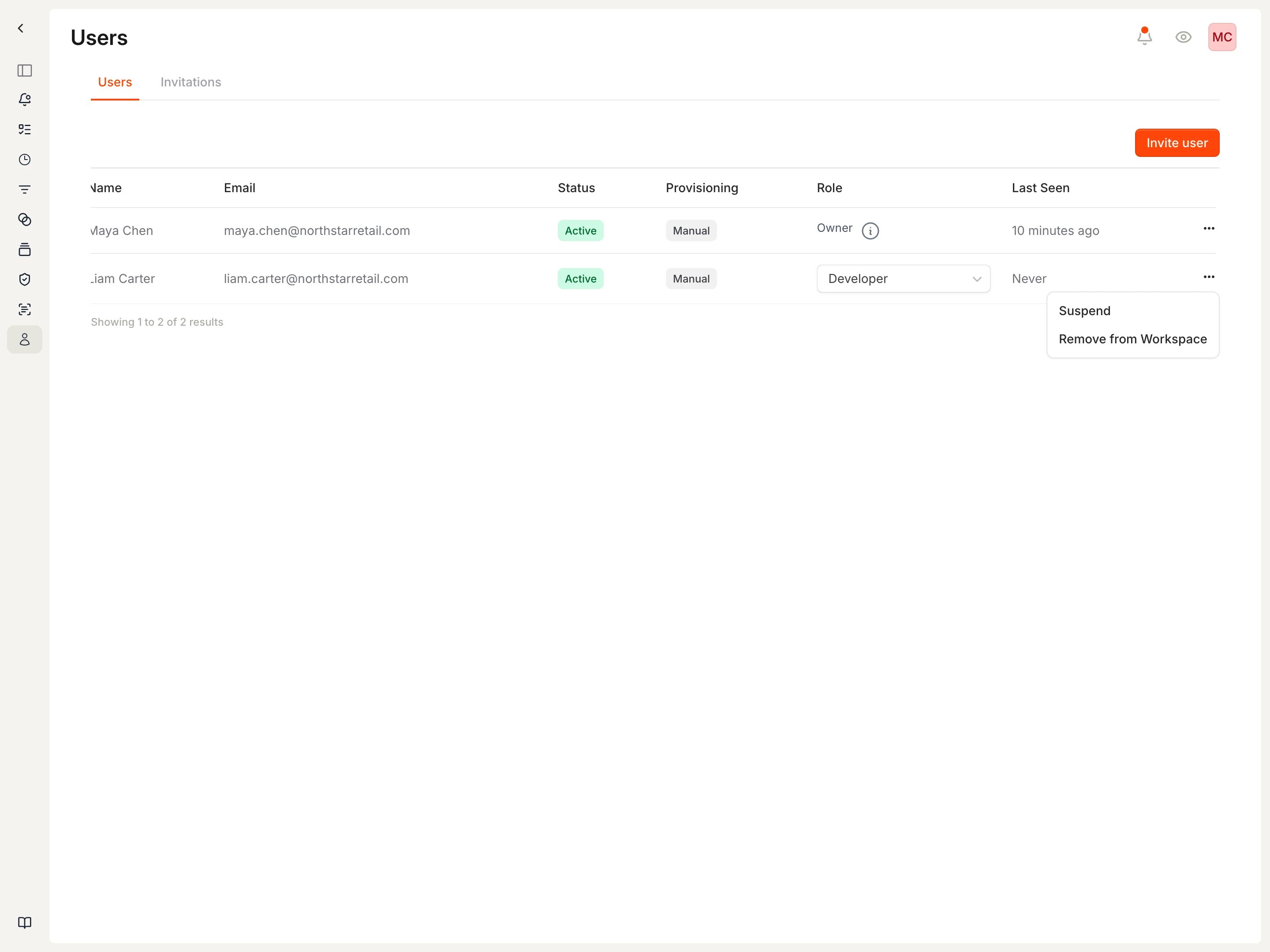 User actions menu showing Suspend and Remove from Workspace options.