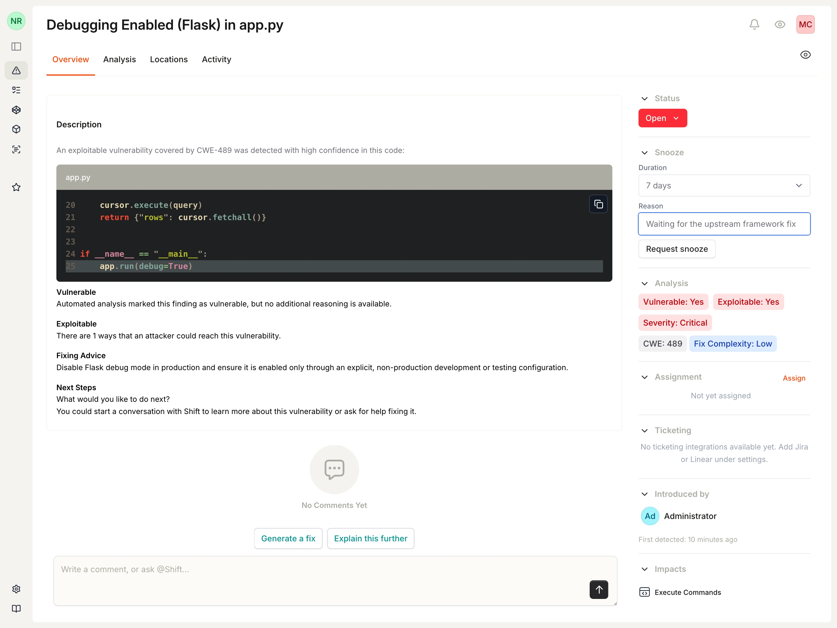 Vulnerability detail page with a seven-day snooze duration and an upstream framework fix reason entered.