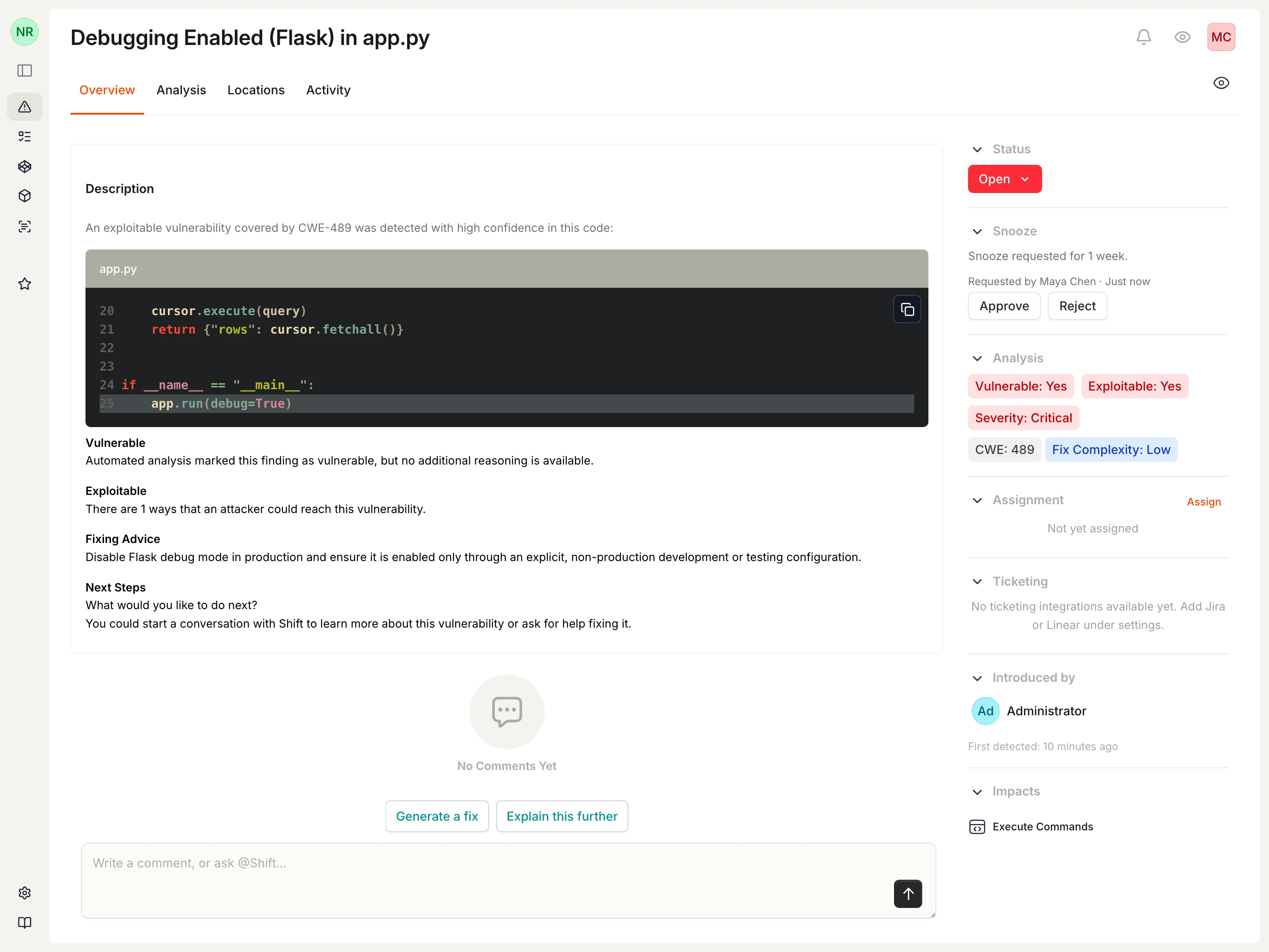 Vulnerability detail page showing a one-week snooze requested by Maya Chen with Approve and Reject actions.