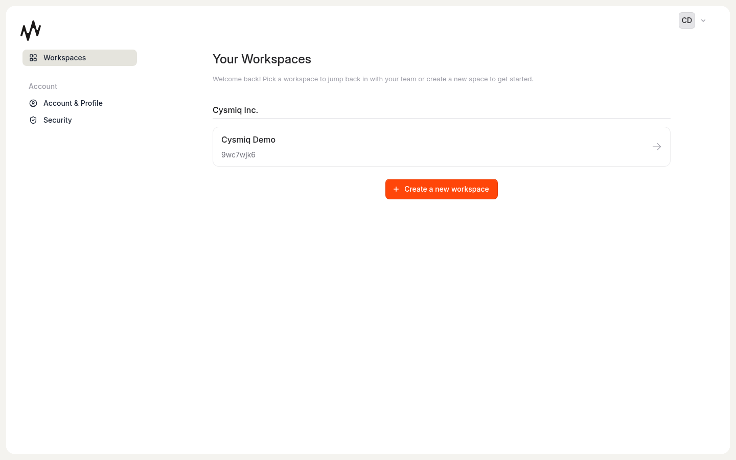Workspaces list showing the tenant slug under a workspace name.