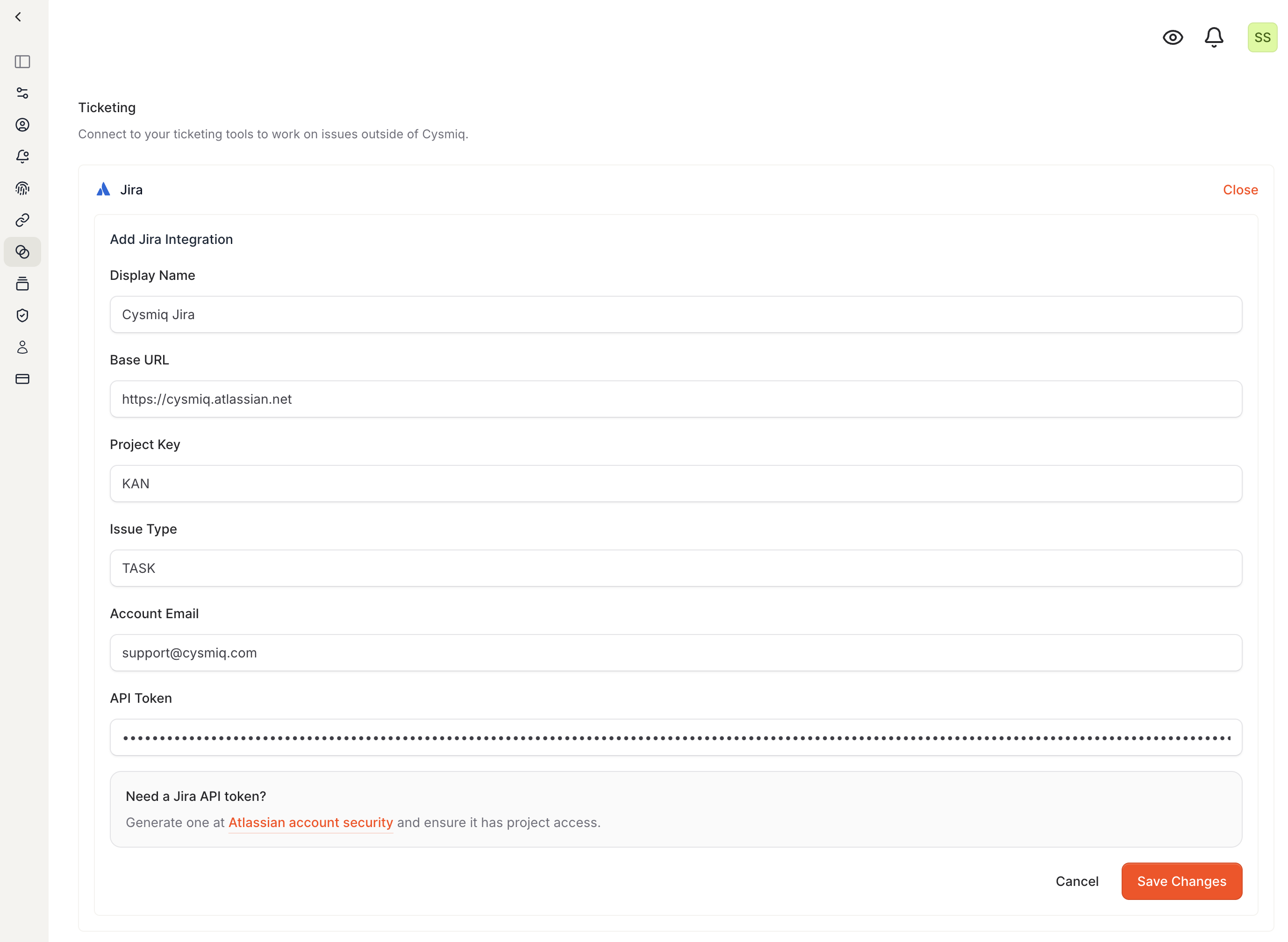 Jira setup form completed with display name, base URL, project key, issue type, email, and API token.