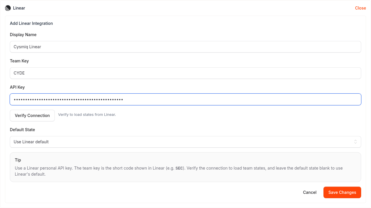 Linear setup form completed with display name, team key, and API key.