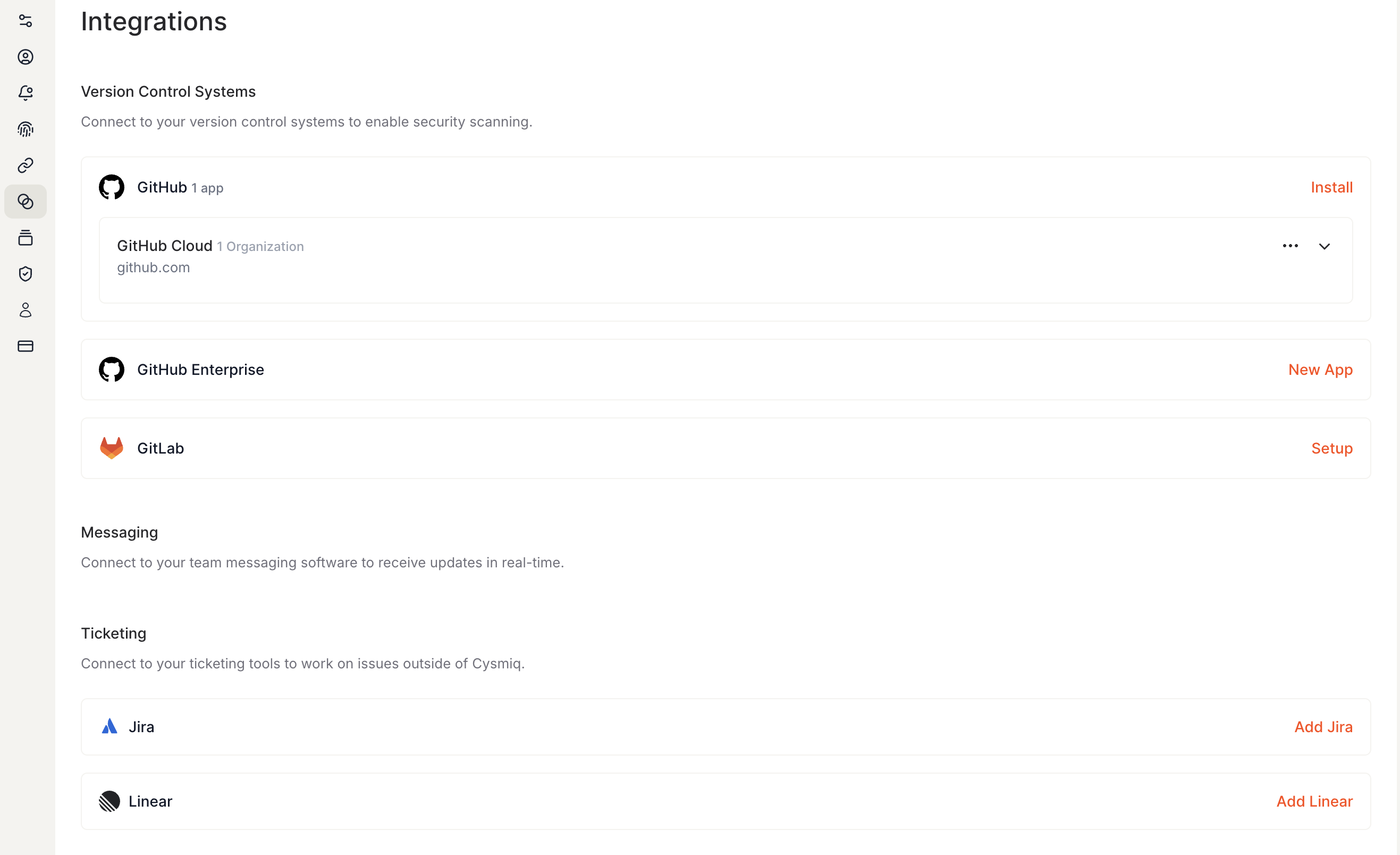 Integrations page showing Jira and Linear options in the Ticketing section.