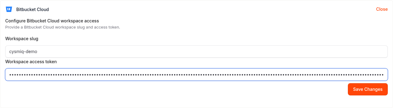 Bitbucket Cloud setup form filled with workspace slug and masked token.