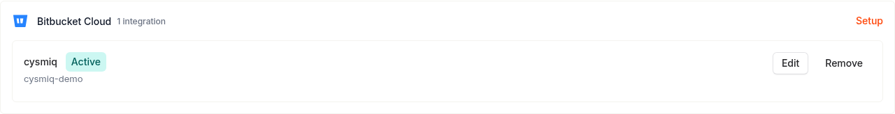 Bitbucket Cloud integration showing workspace connected with Active status.