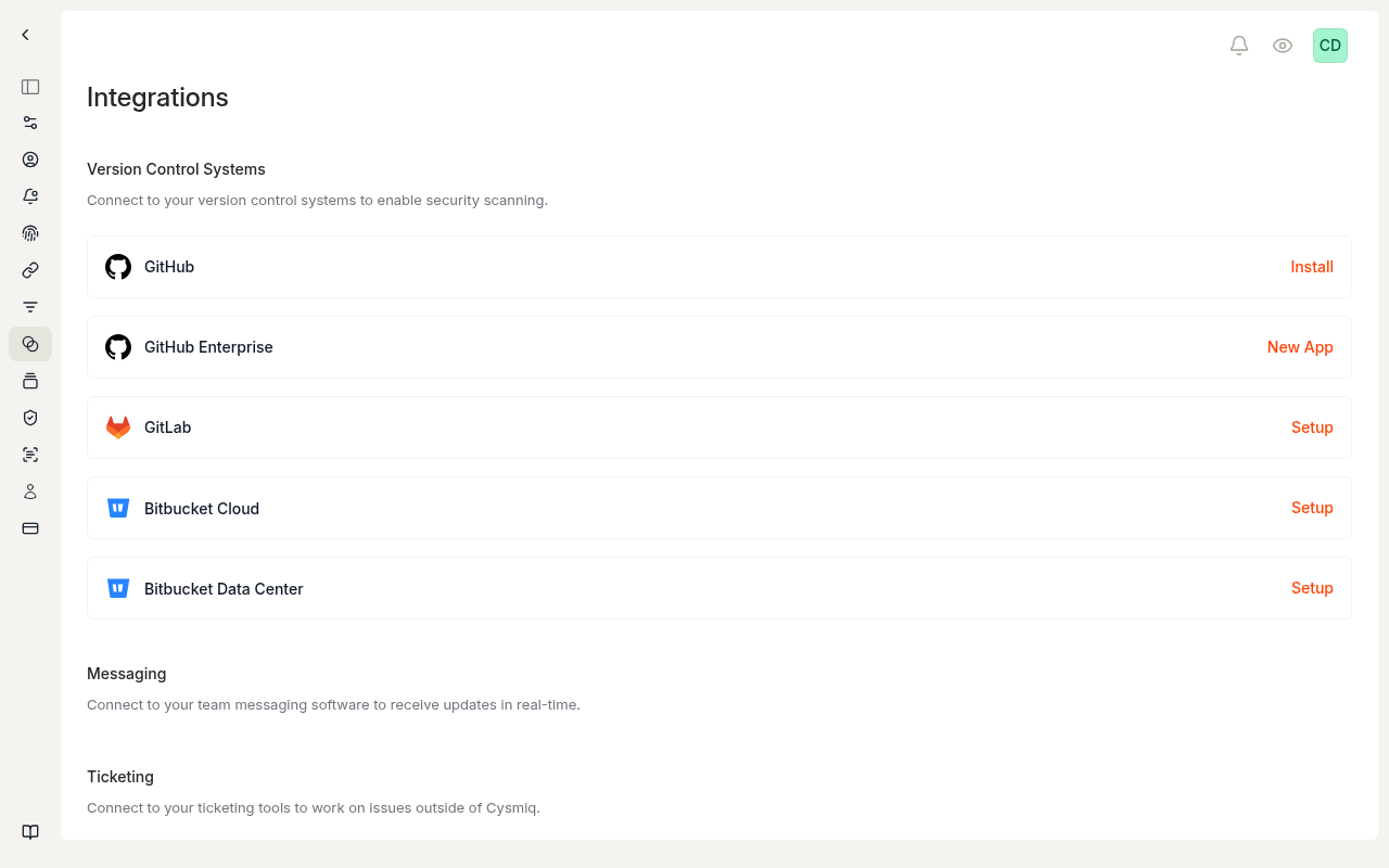 Integrations page showing available version control system options.