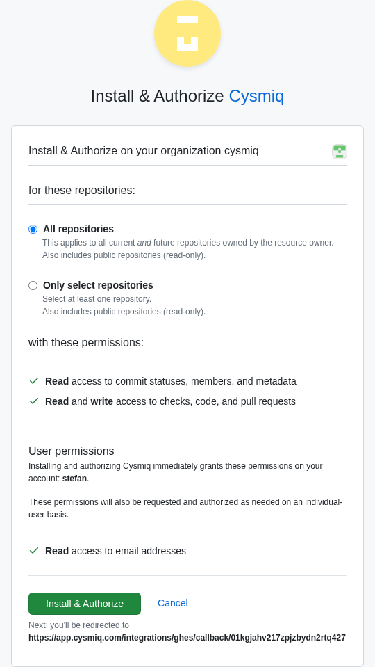 GitHub permissions page showing repository and user access being requested.