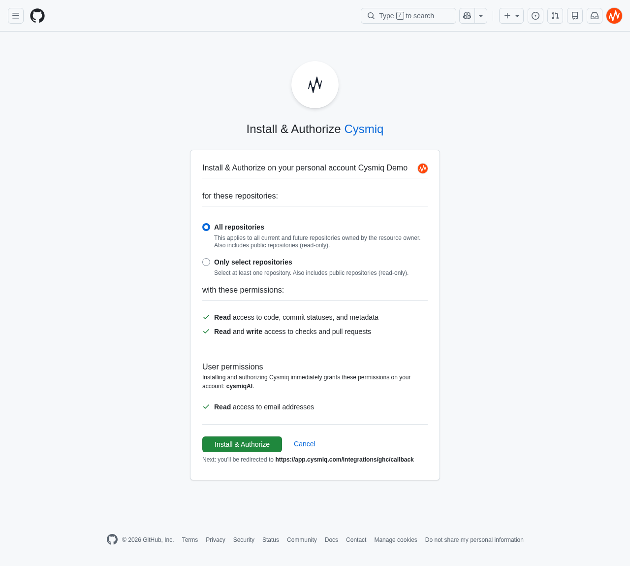 GitHub app authorization page with repository access options and permissions list.
