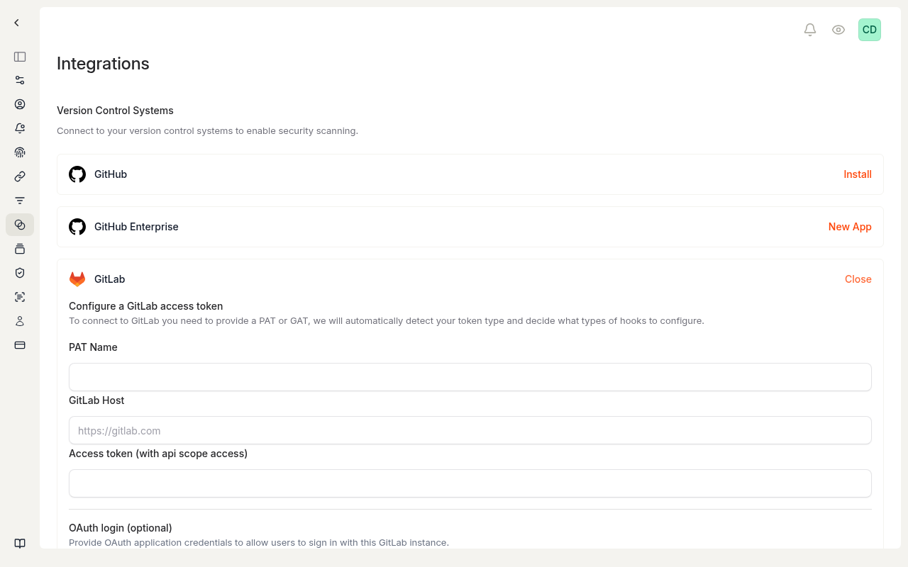 GitLab setup form in Cysmiq with fields for token name, host, and access token.