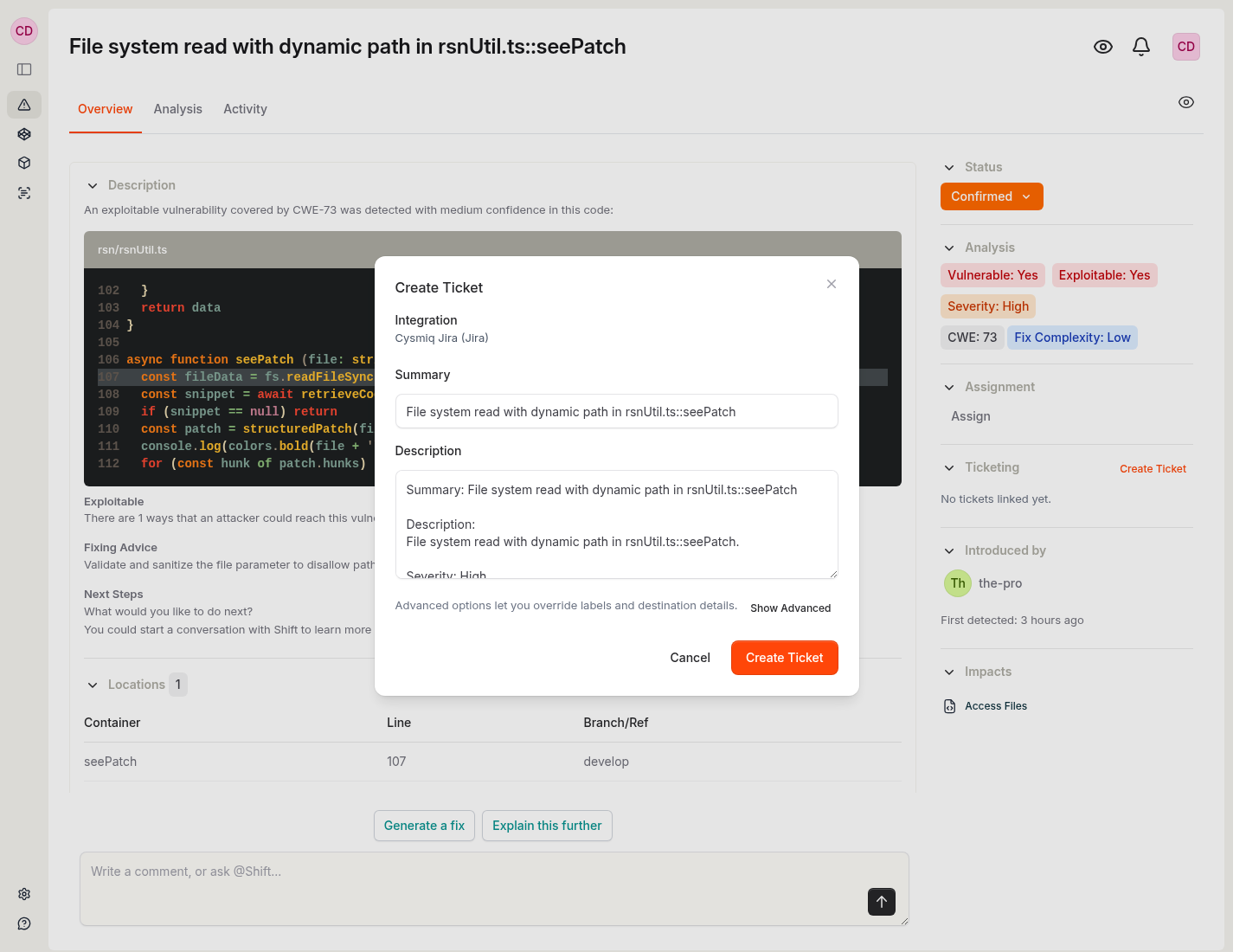 Create ticket dialog showing integration selection, summary, and description fields.