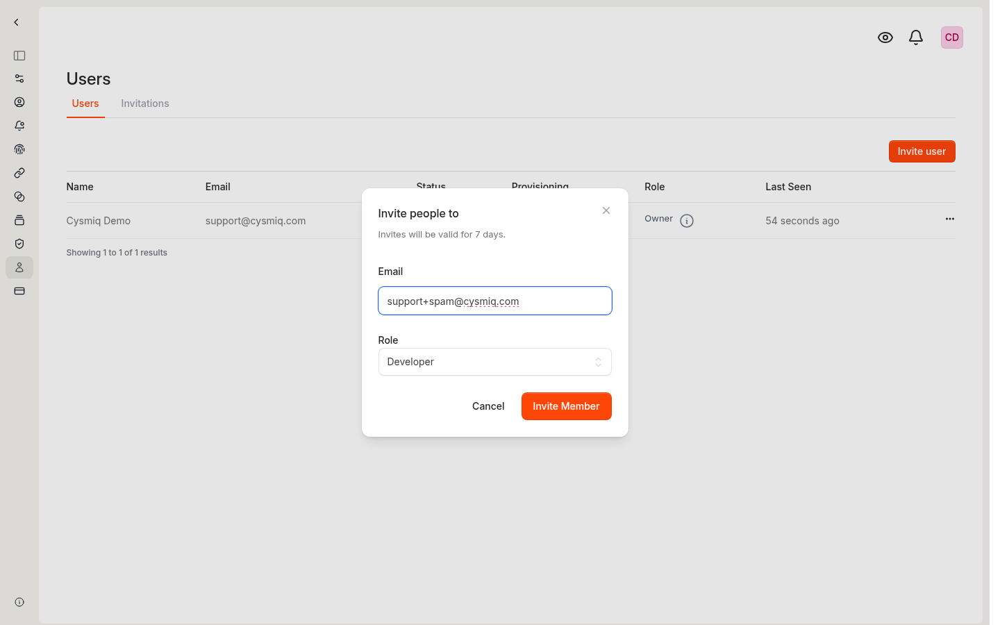Invite member modal with email and role fields.