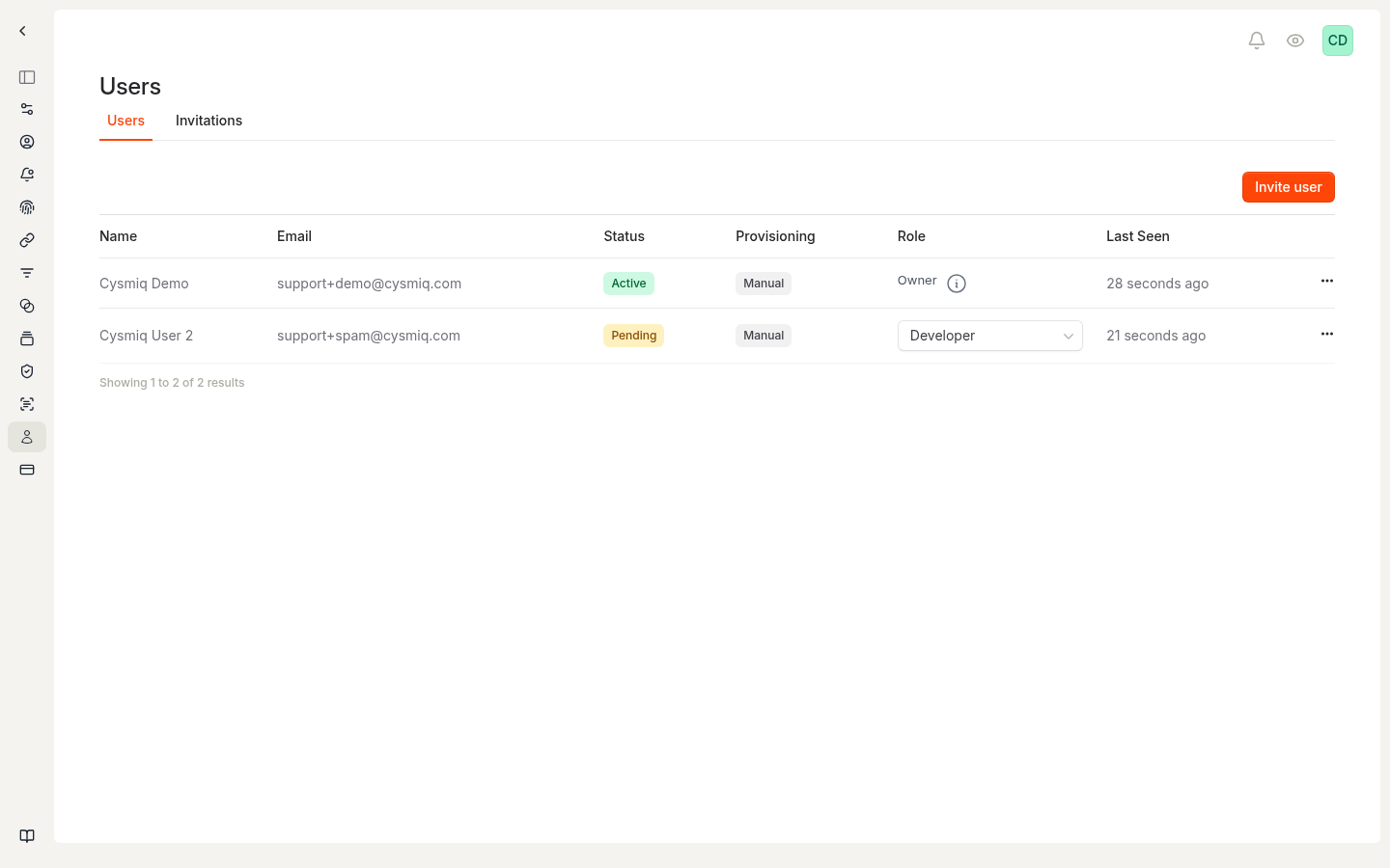Members list showing two users with their email, status, provisioning method, role, and last seen time.