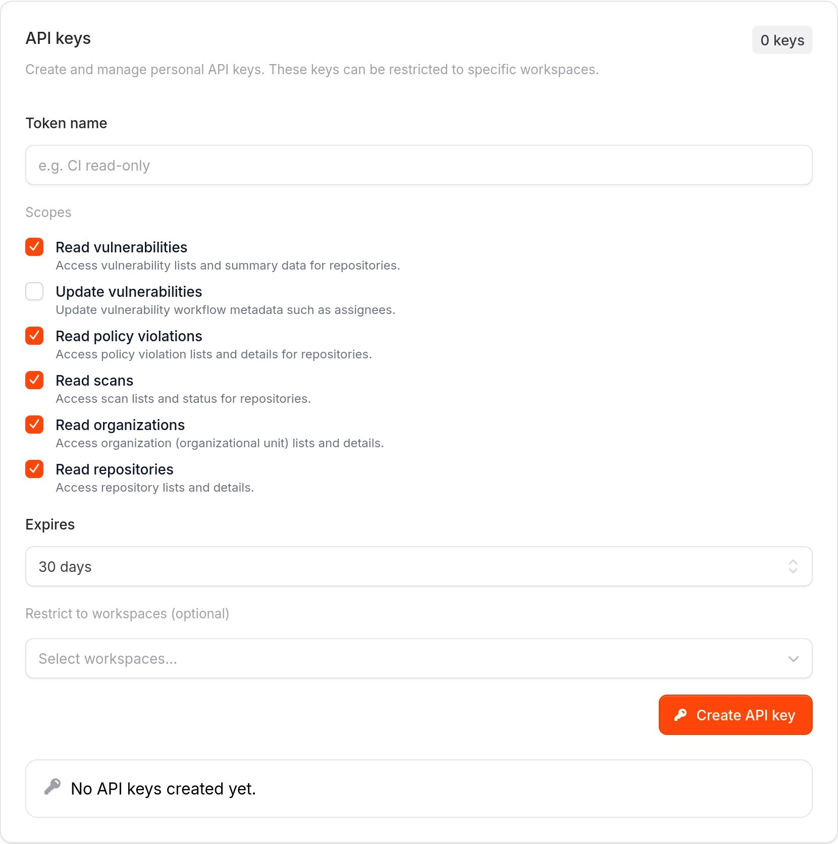 API keys section showing the form to create a personal API key.