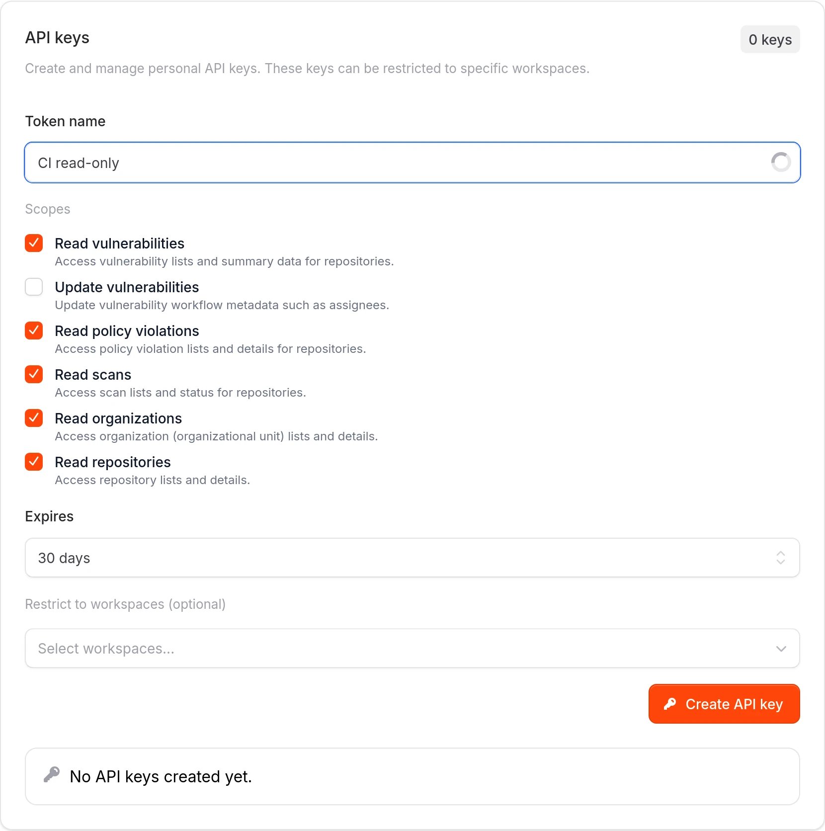 API key form filled with token name CI read-only and 30 day expiration.