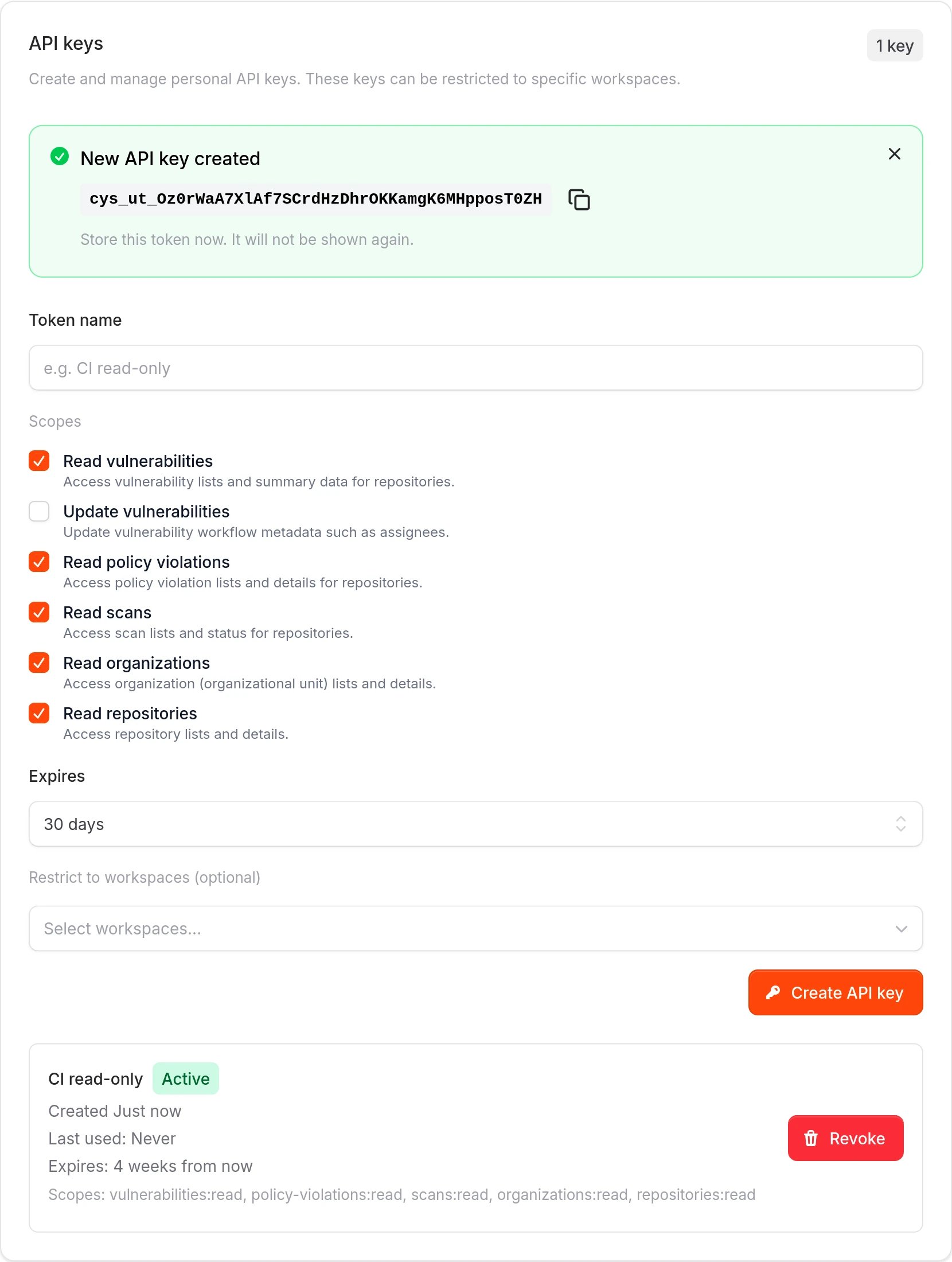New API key created dialog showing the key value with a copy button and warning to store it securely.