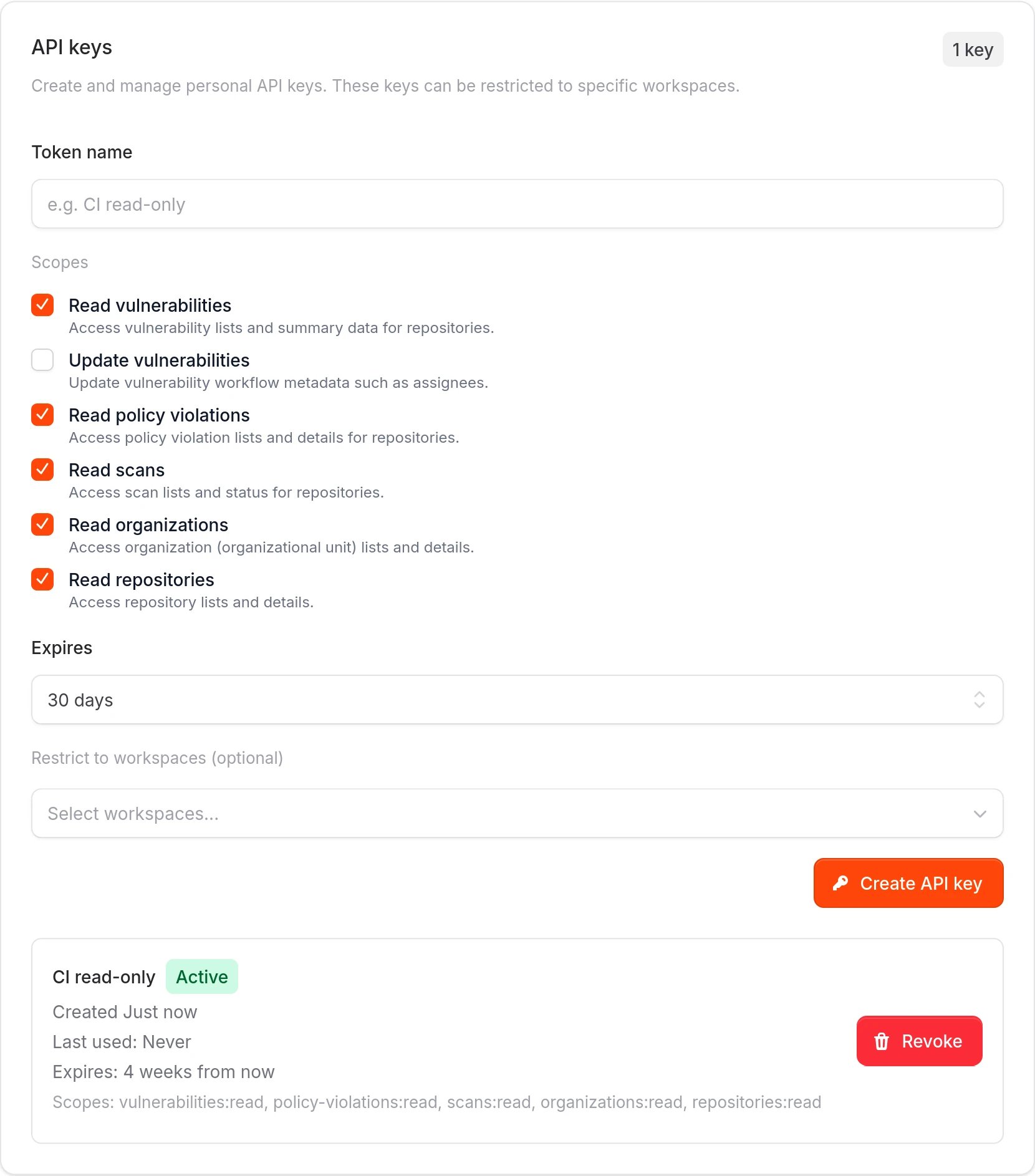 API key list showing a CI read-only key with Active status and details.