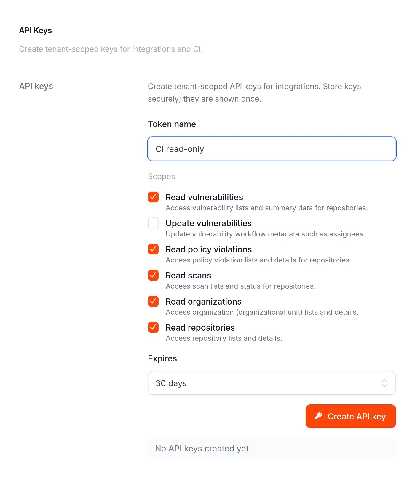Workspace security settings showing the API keys section.