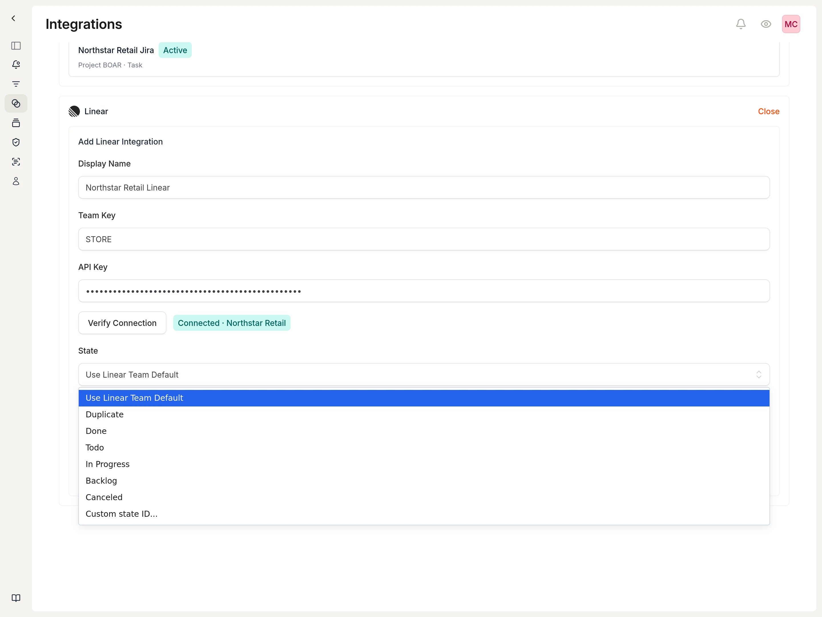 Linear form showing verified connection and dropdown with workflow states like Todo, In Progress, and Done.