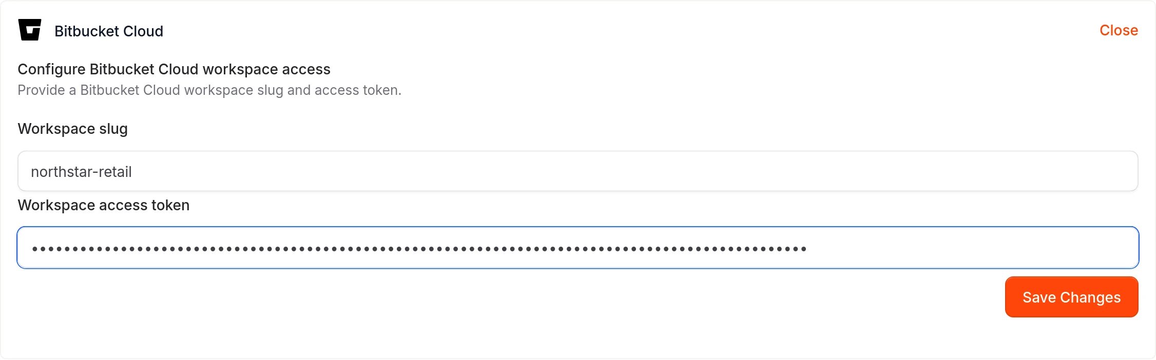 Bitbucket Cloud setup form filled with workspace slug and masked token.
