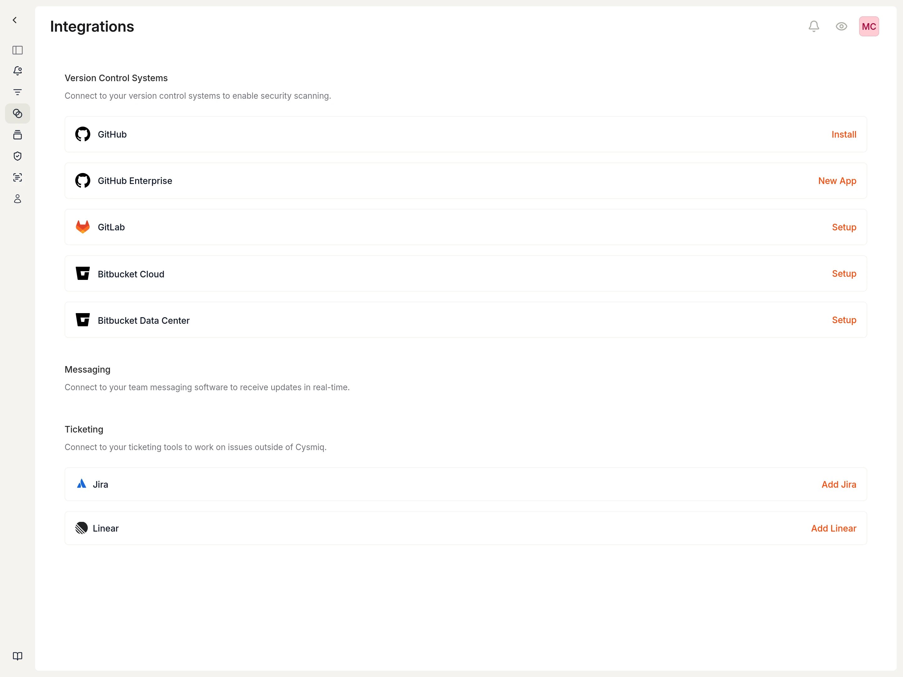 Integrations page showing available version control system options.