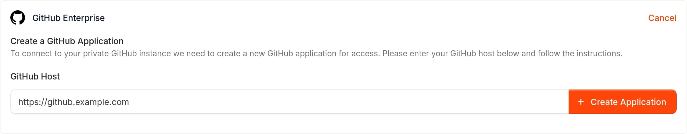 GitHub Enterprise form showing verified host with Create Application button.