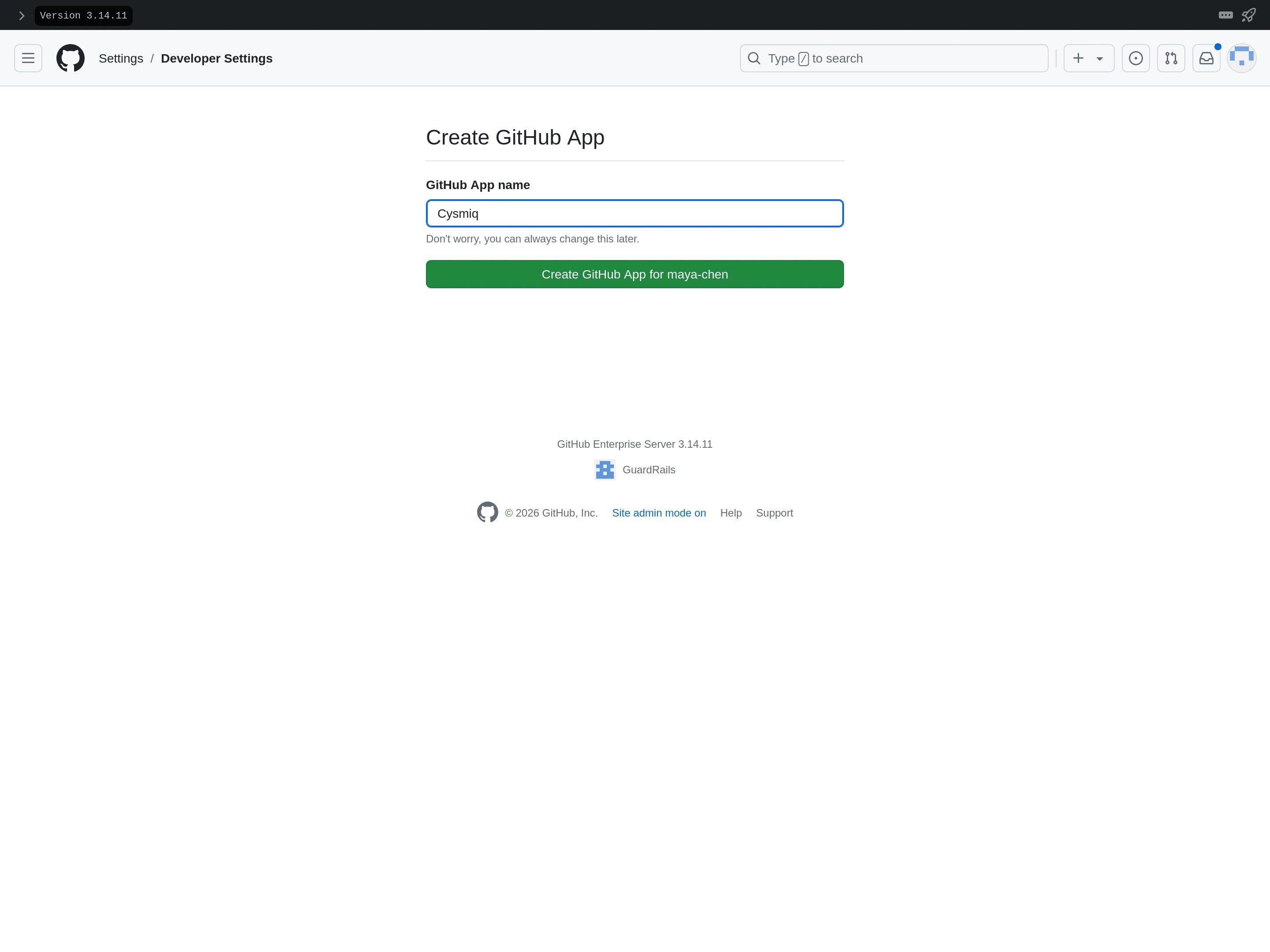 GitHub Enterprise page to confirm the Cysmiq app name.