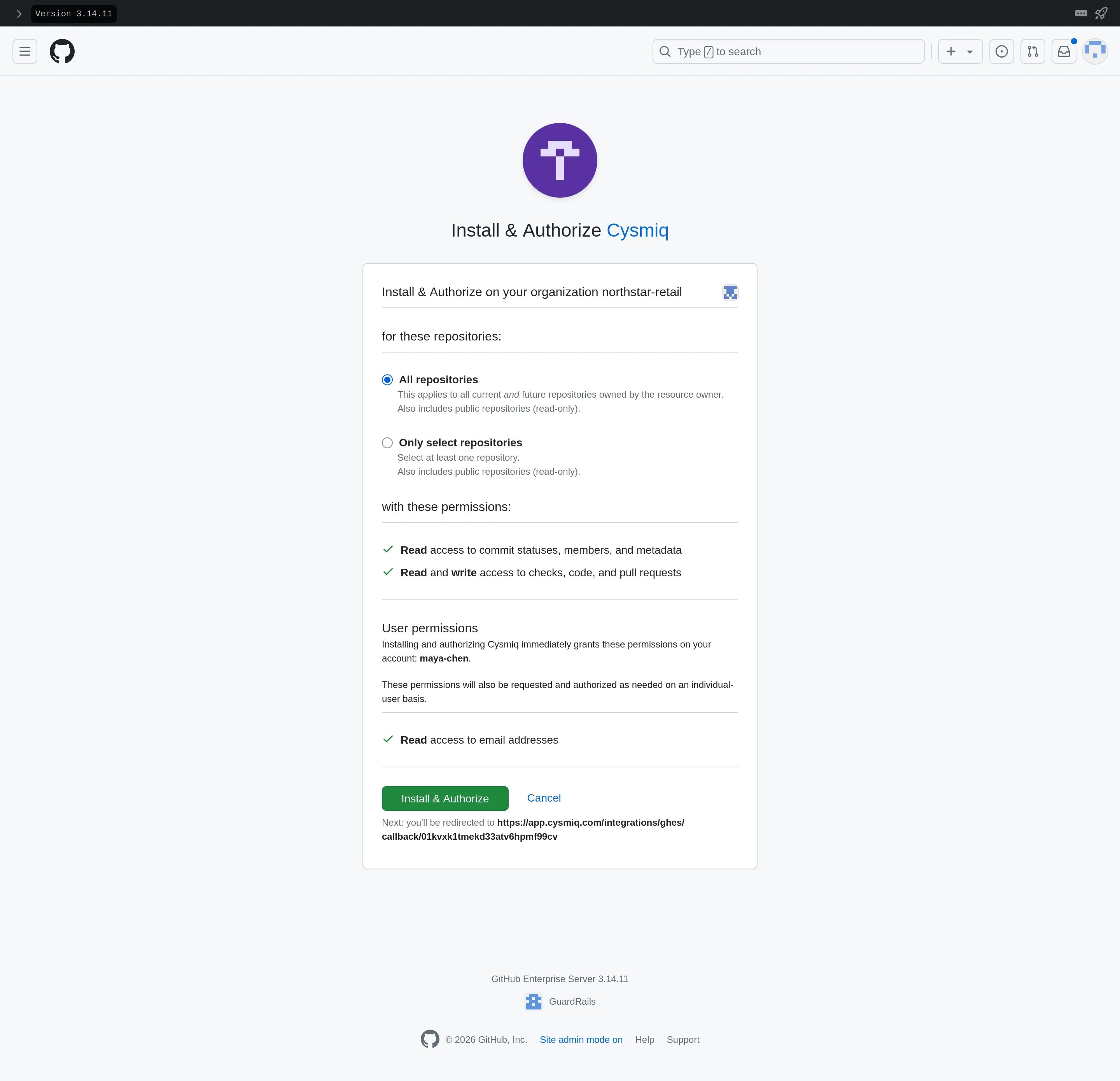 GitHub permissions page showing repository and user access being requested.