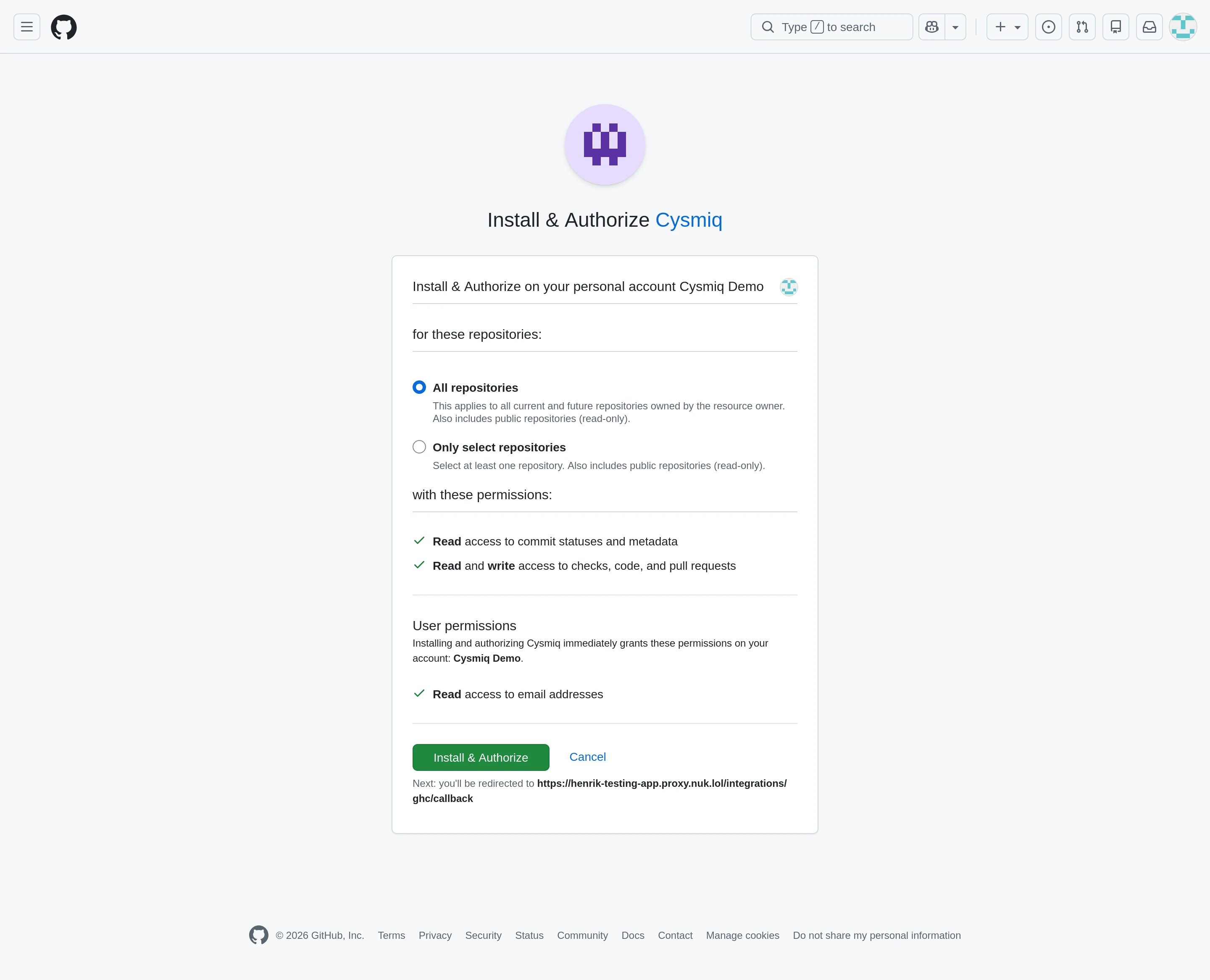 GitHub app authorization page with repository access options and permissions list.
