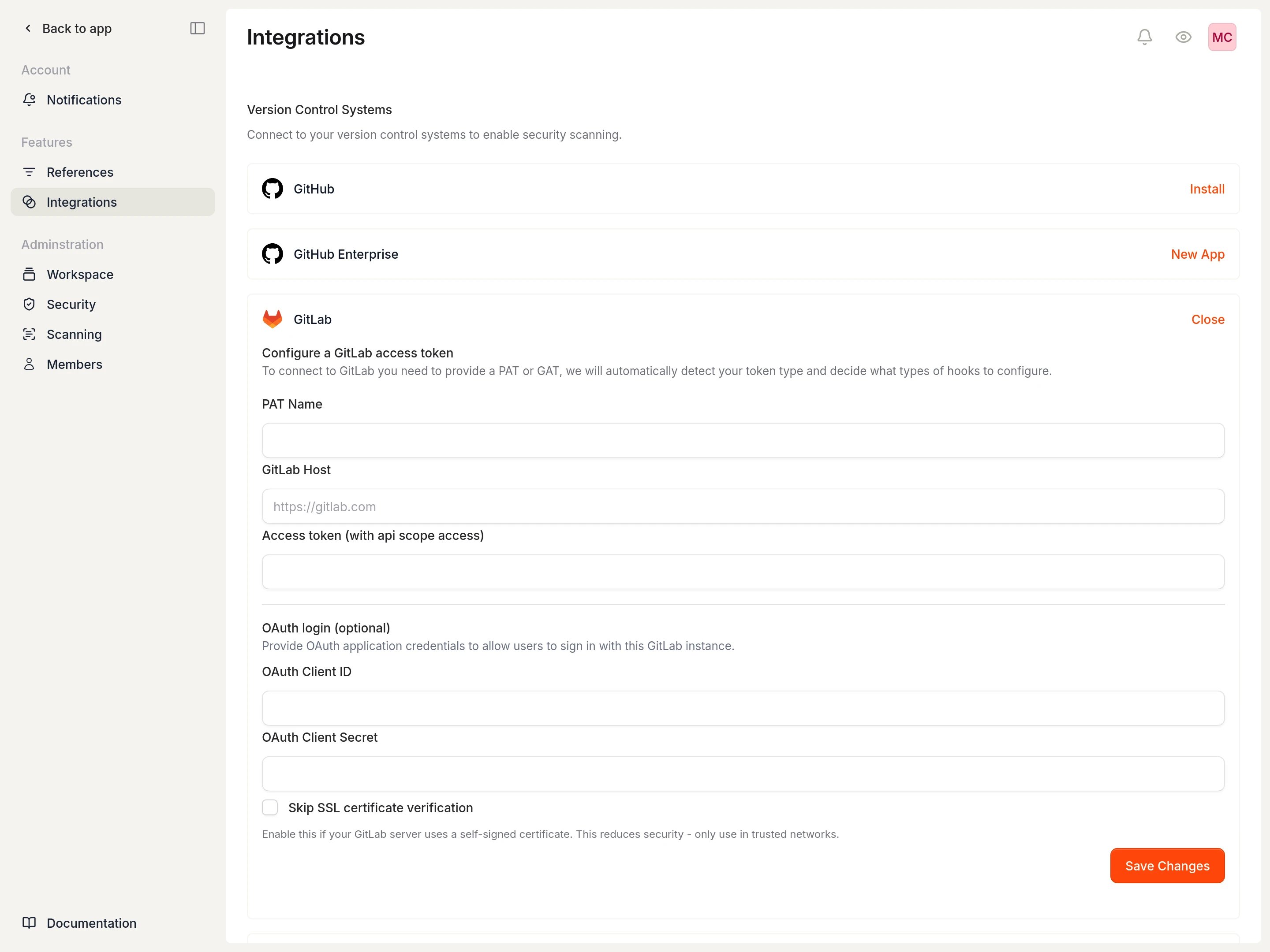 GitLab setup form in Cysmiq with fields for token name, host, and access token.