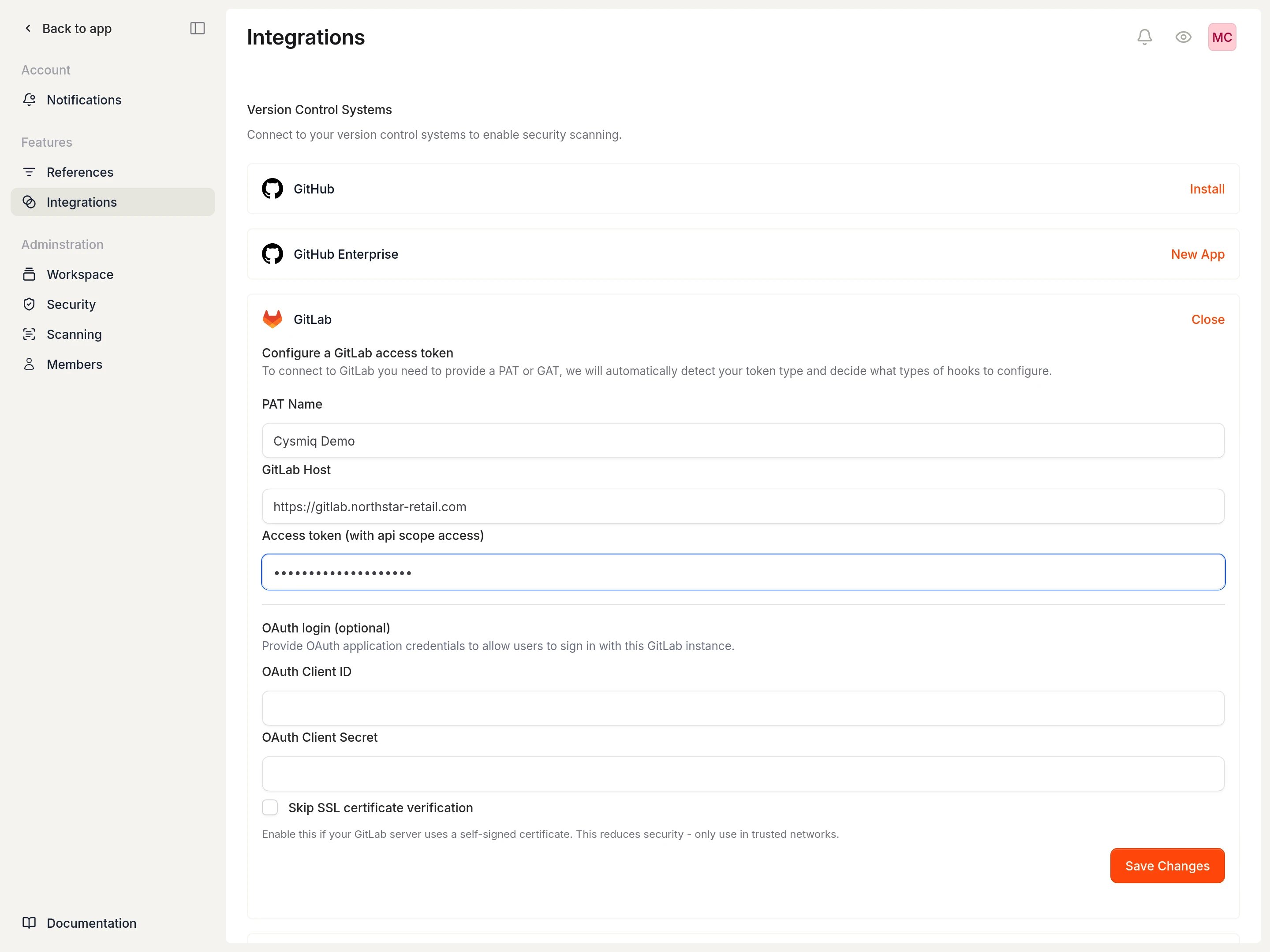 GitLab setup form filled with a token and host.