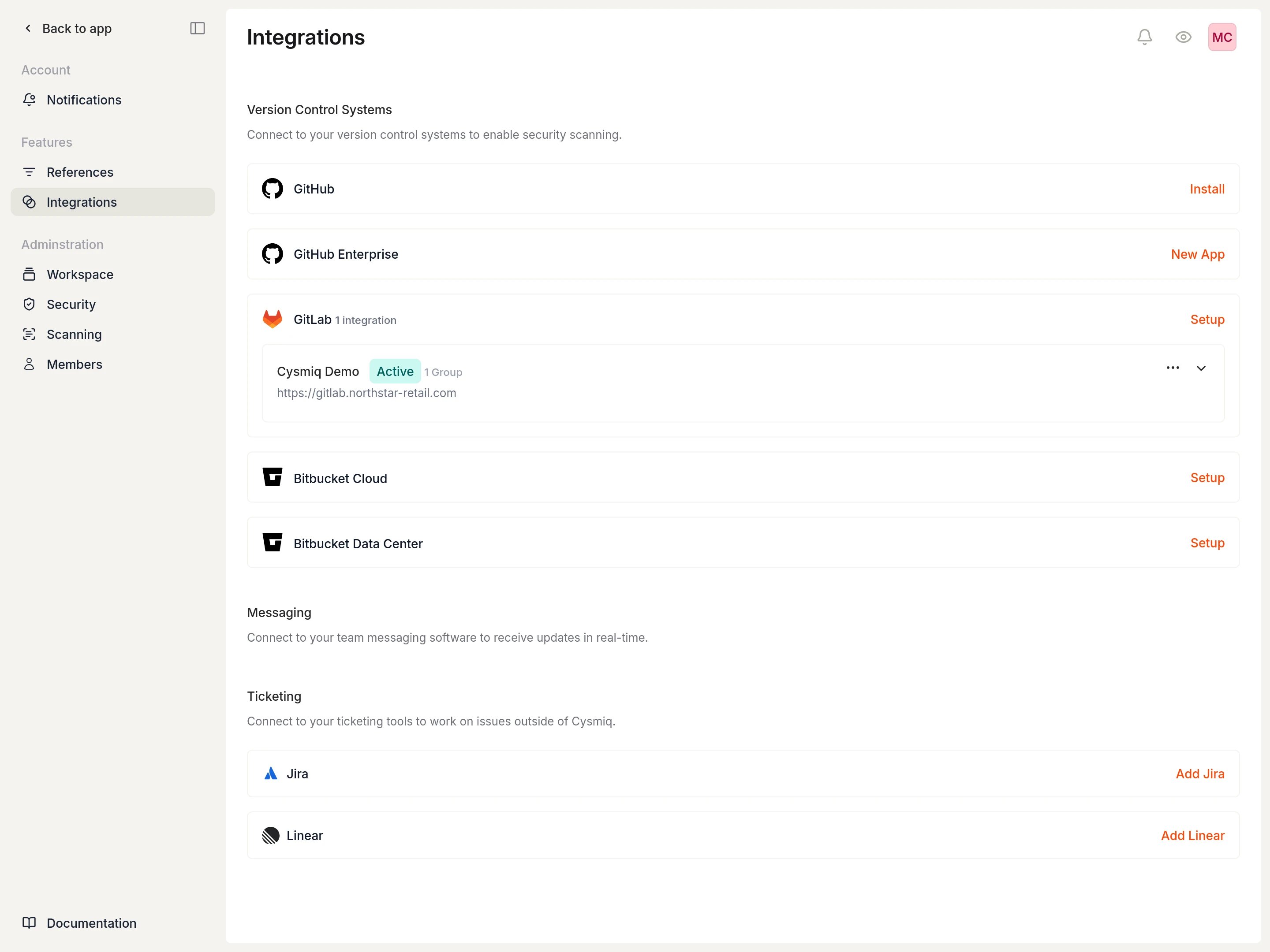 Integrations page showing a GitLab connection.
