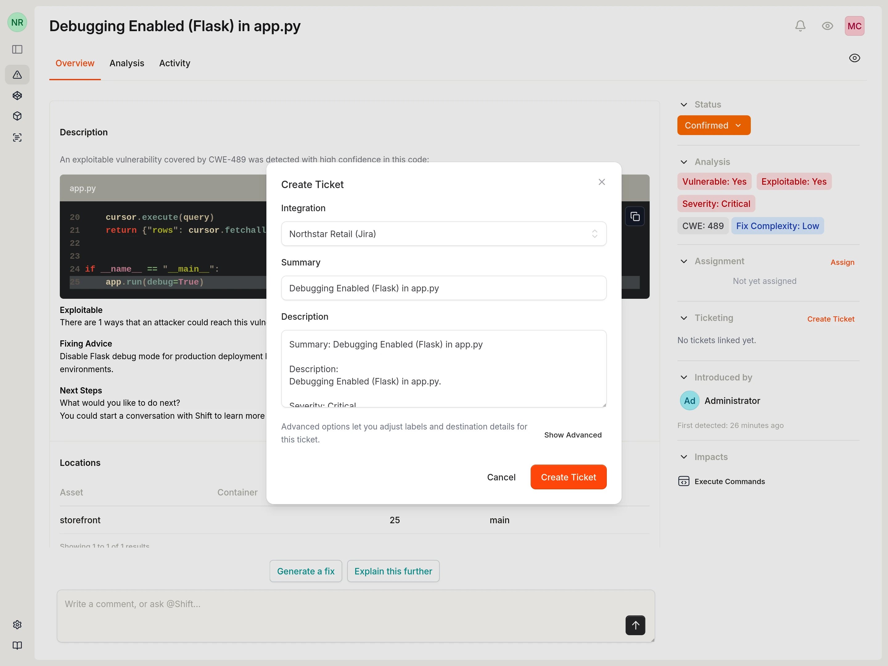 Create ticket dialog showing integration selection, summary, and description fields.