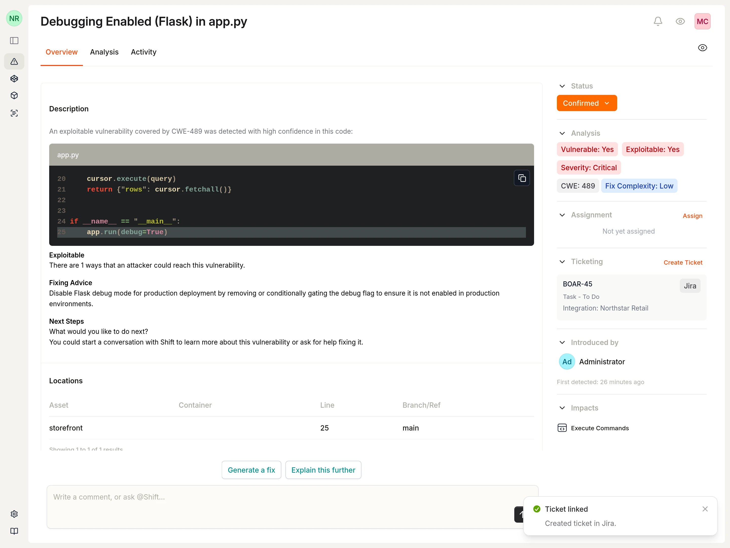 Vulnerability page showing linked Jira ticket with status and integration details.
