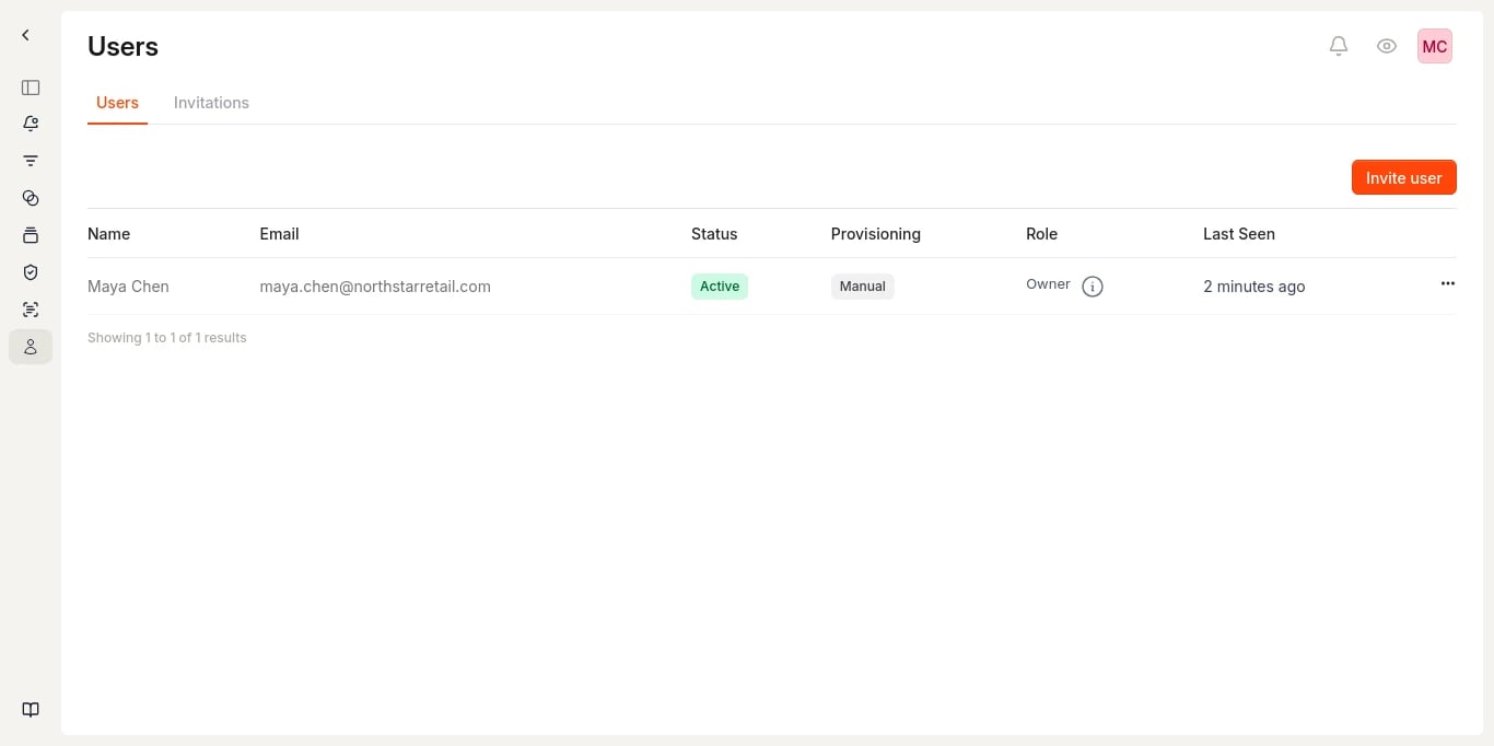 Users page with the Invite user button and member list.