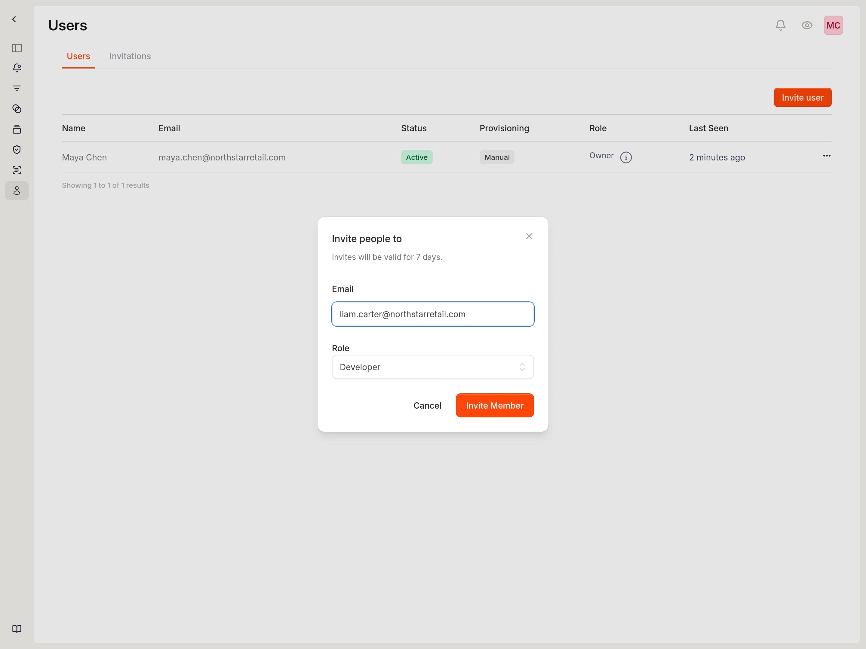 Invite member modal with email and role fields.