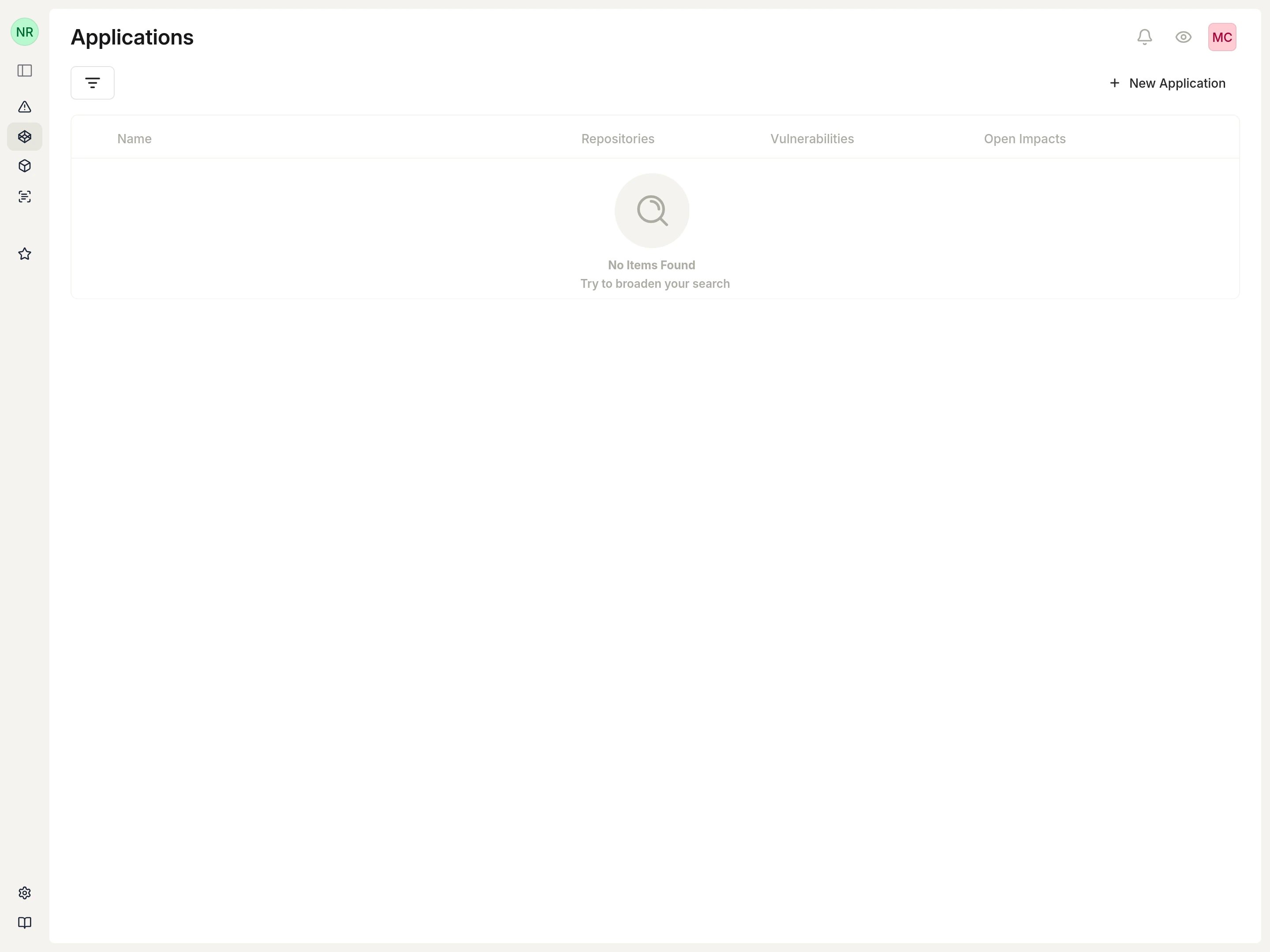 Applications page with New Application button.