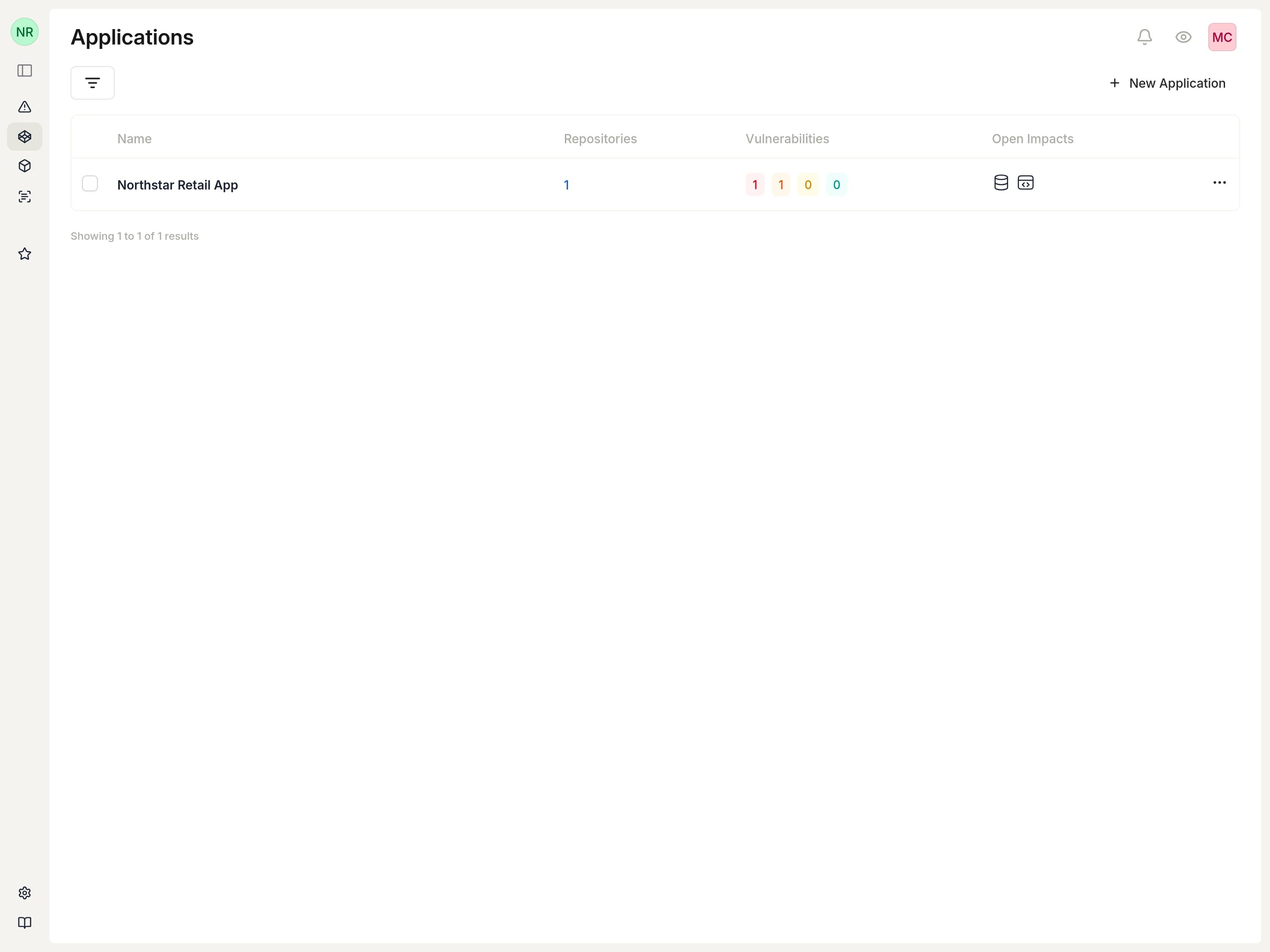 Applications list with a newly created application.