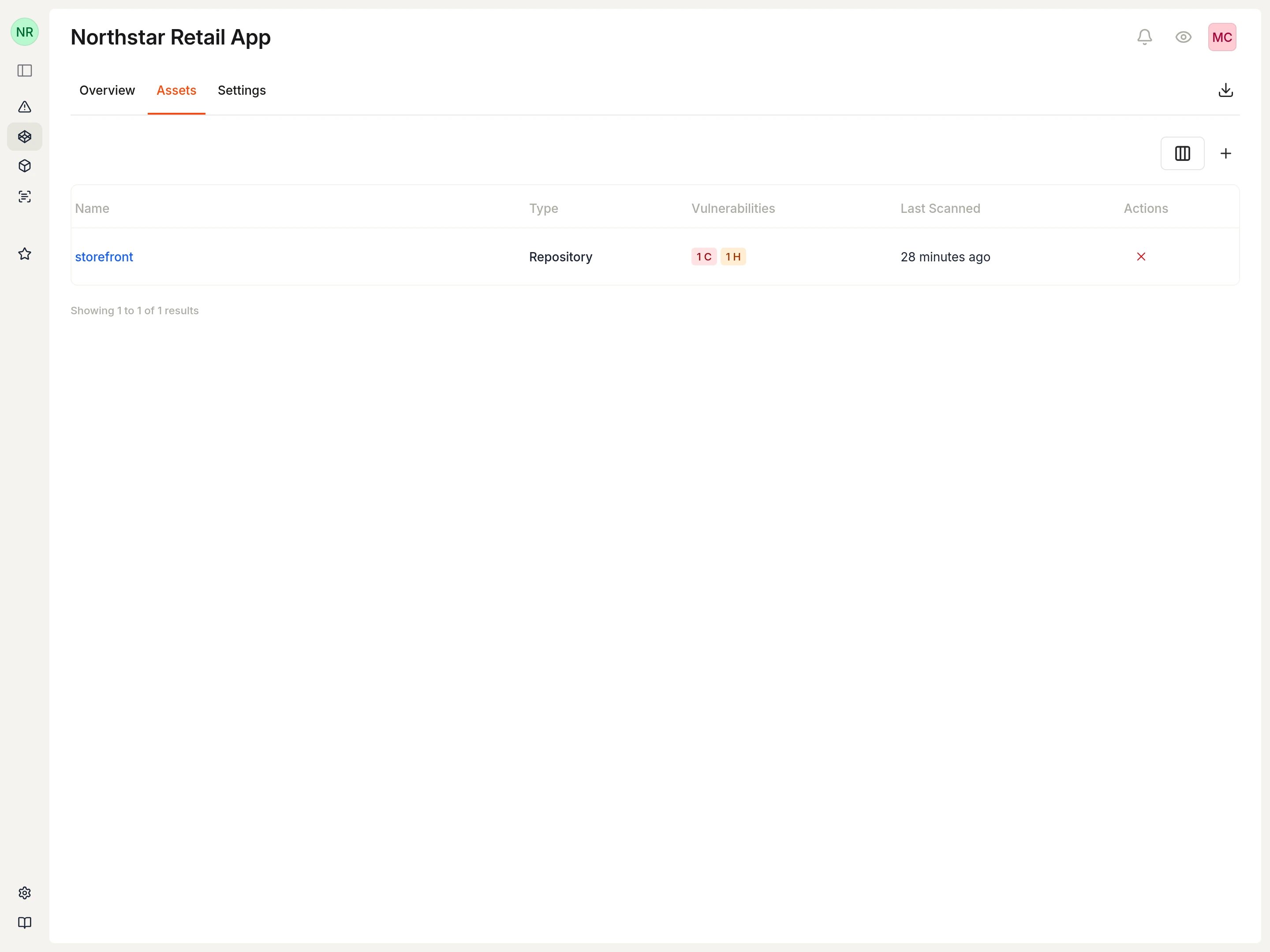 Assets tab showing linked repositories with vulnerability counts.