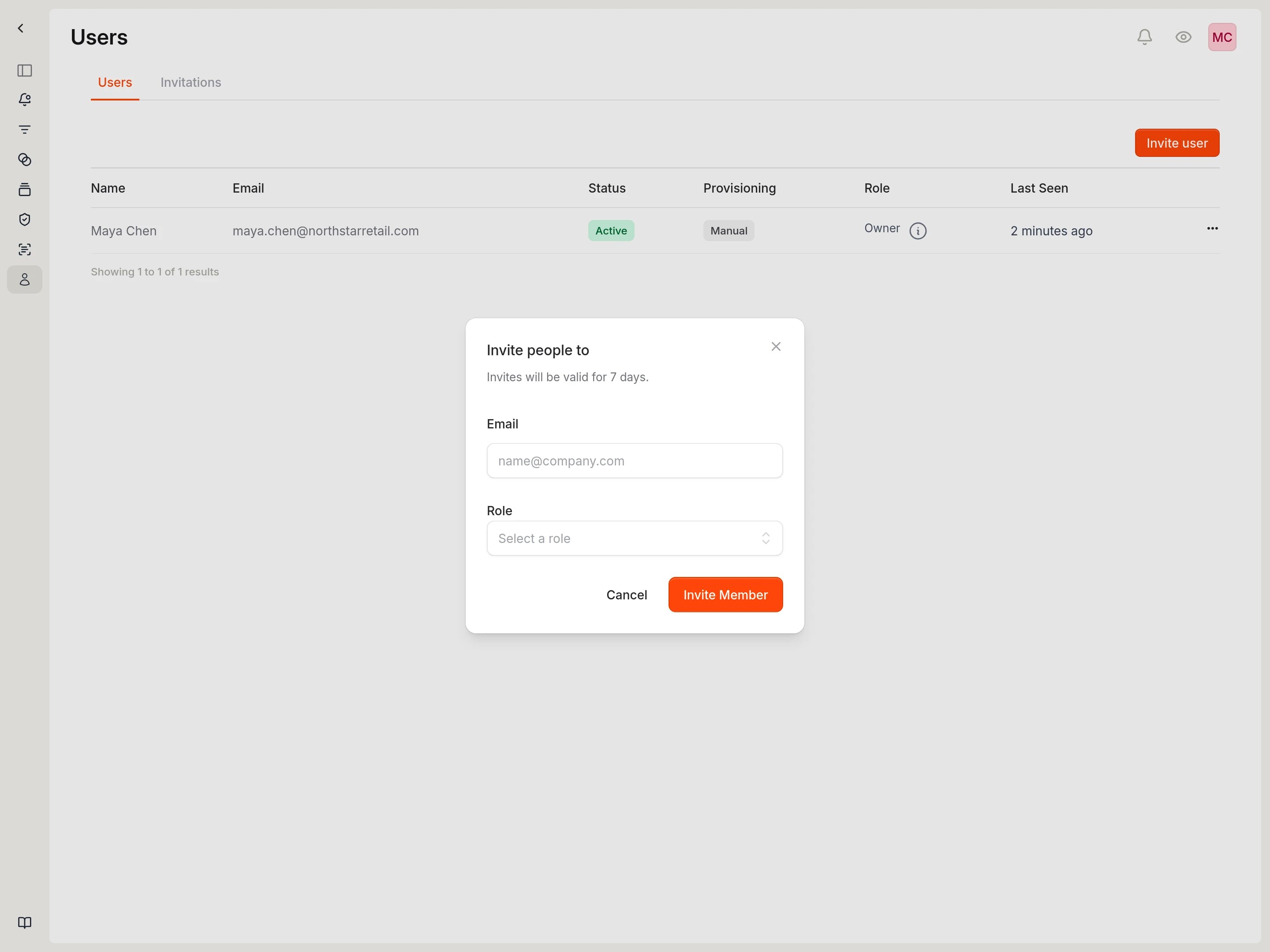 Invite dialog showing empty email field and role dropdown.