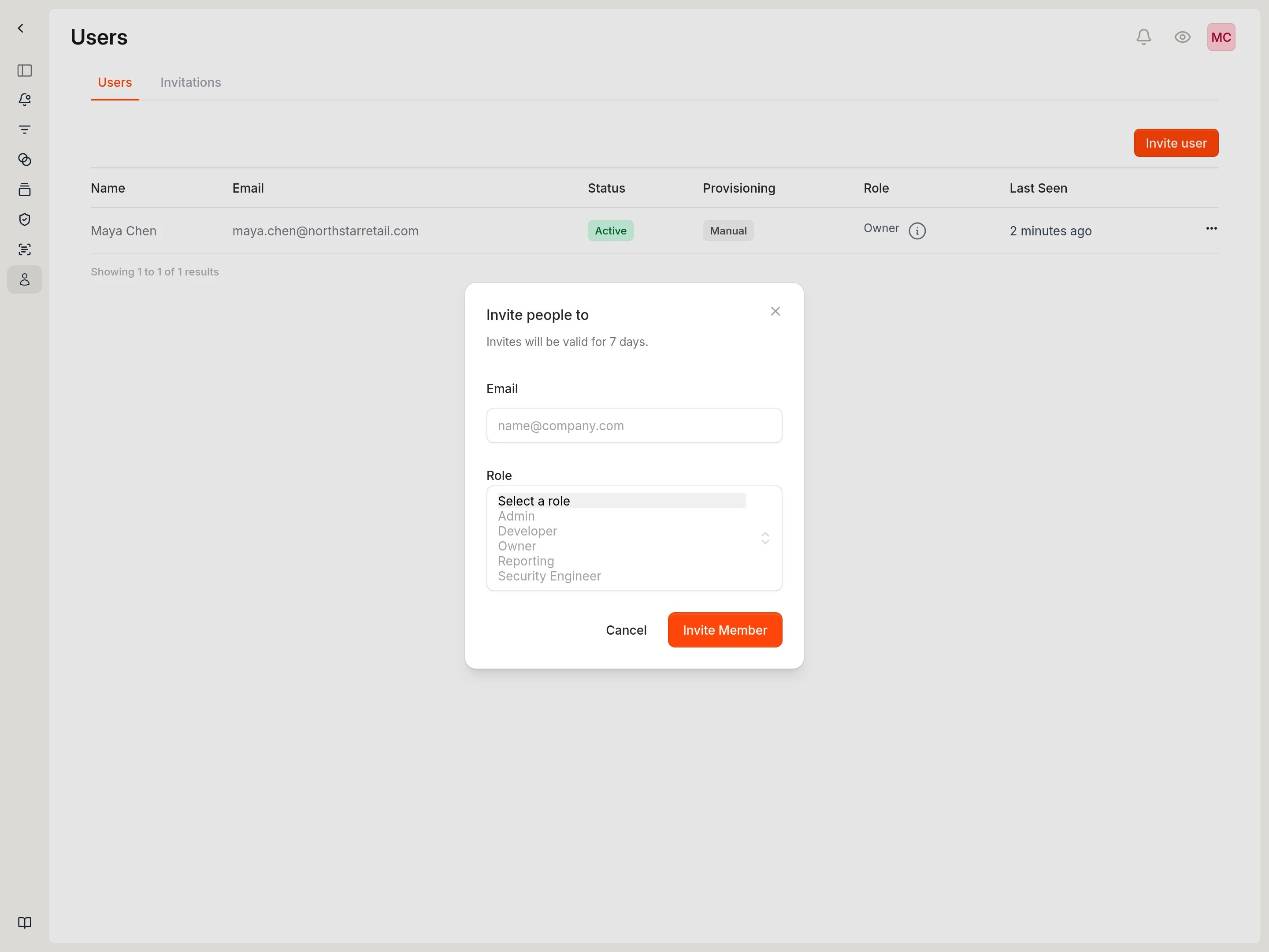 Role dropdown expanded showing Admin, Developer, Owner, Reporting, and Security Engineer options.