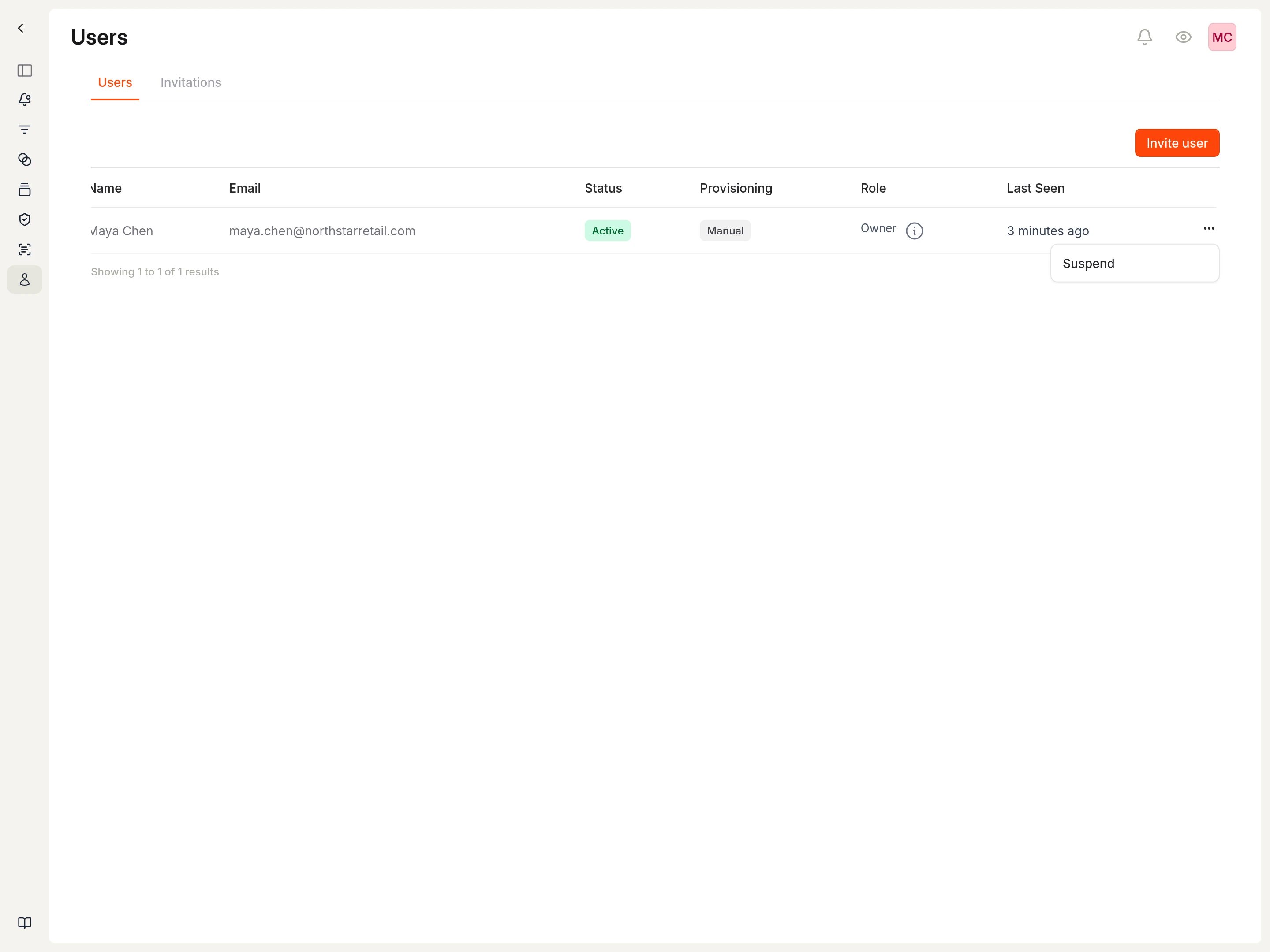 User actions menu showing Suspend and Remove from Workspace options.