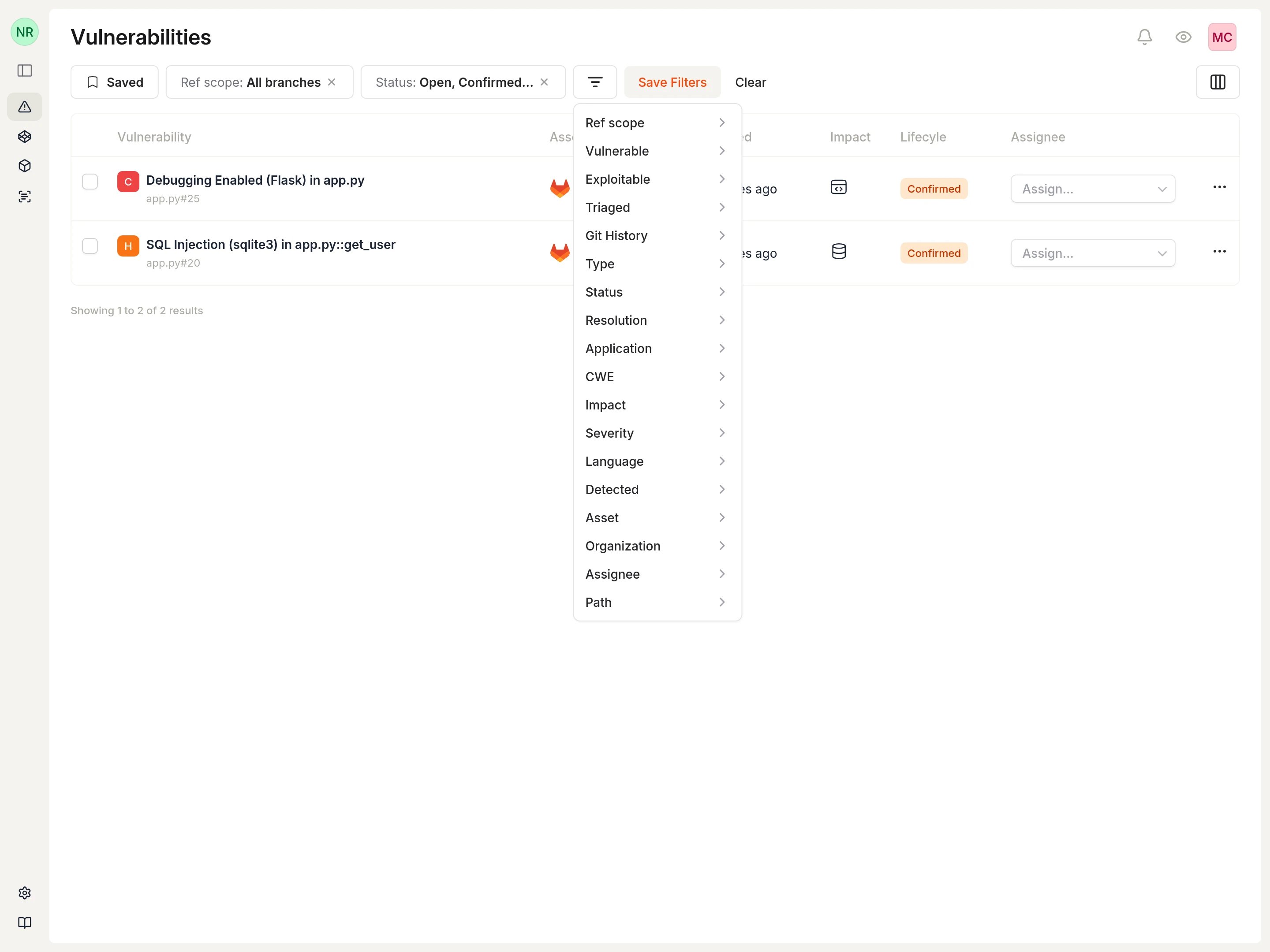 Filter menu showing available filter options including CWE, Organization, Severity, and more.