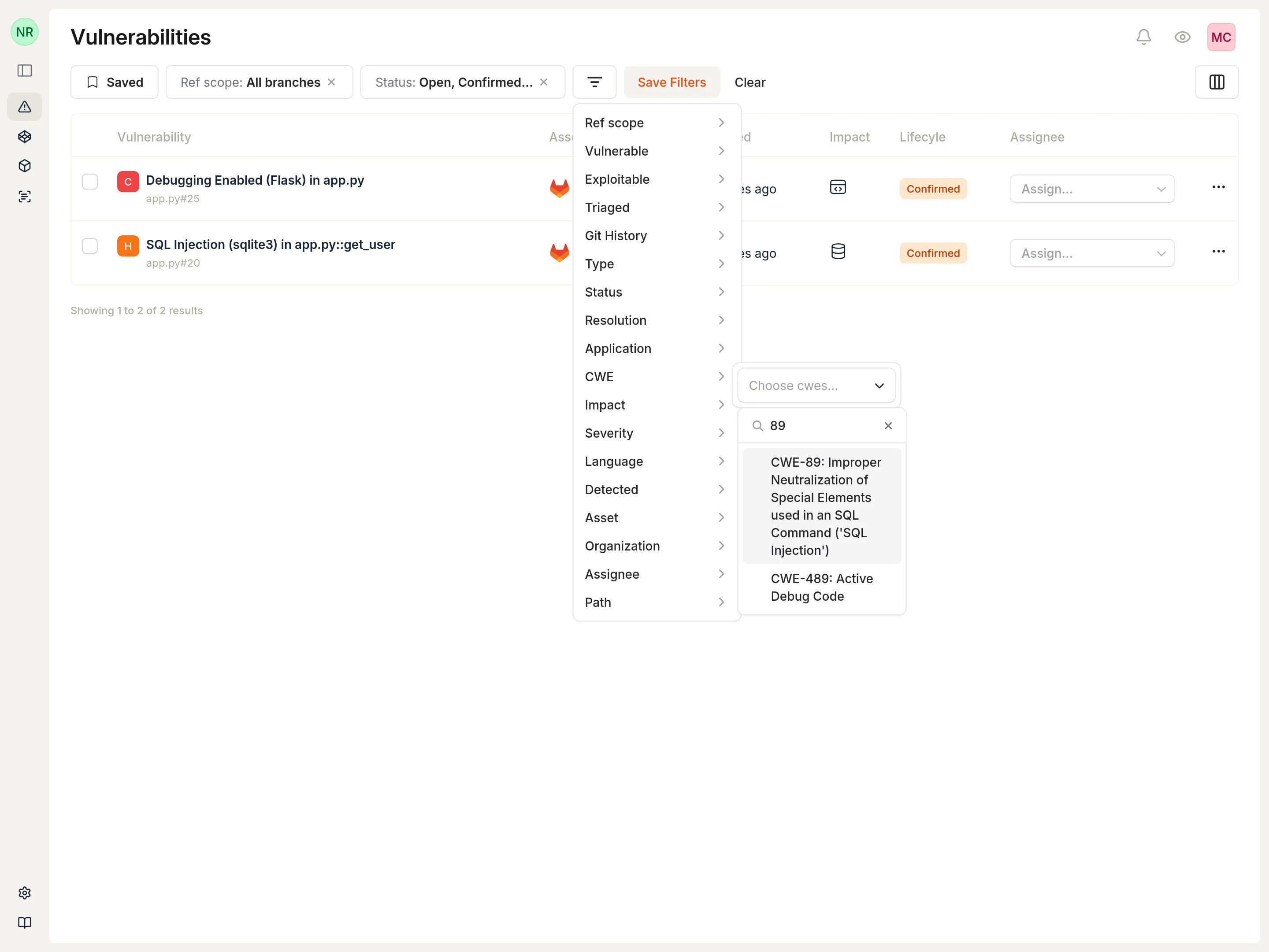 CWE filter dropdown with search showing CWE-89 SQL Injection option.