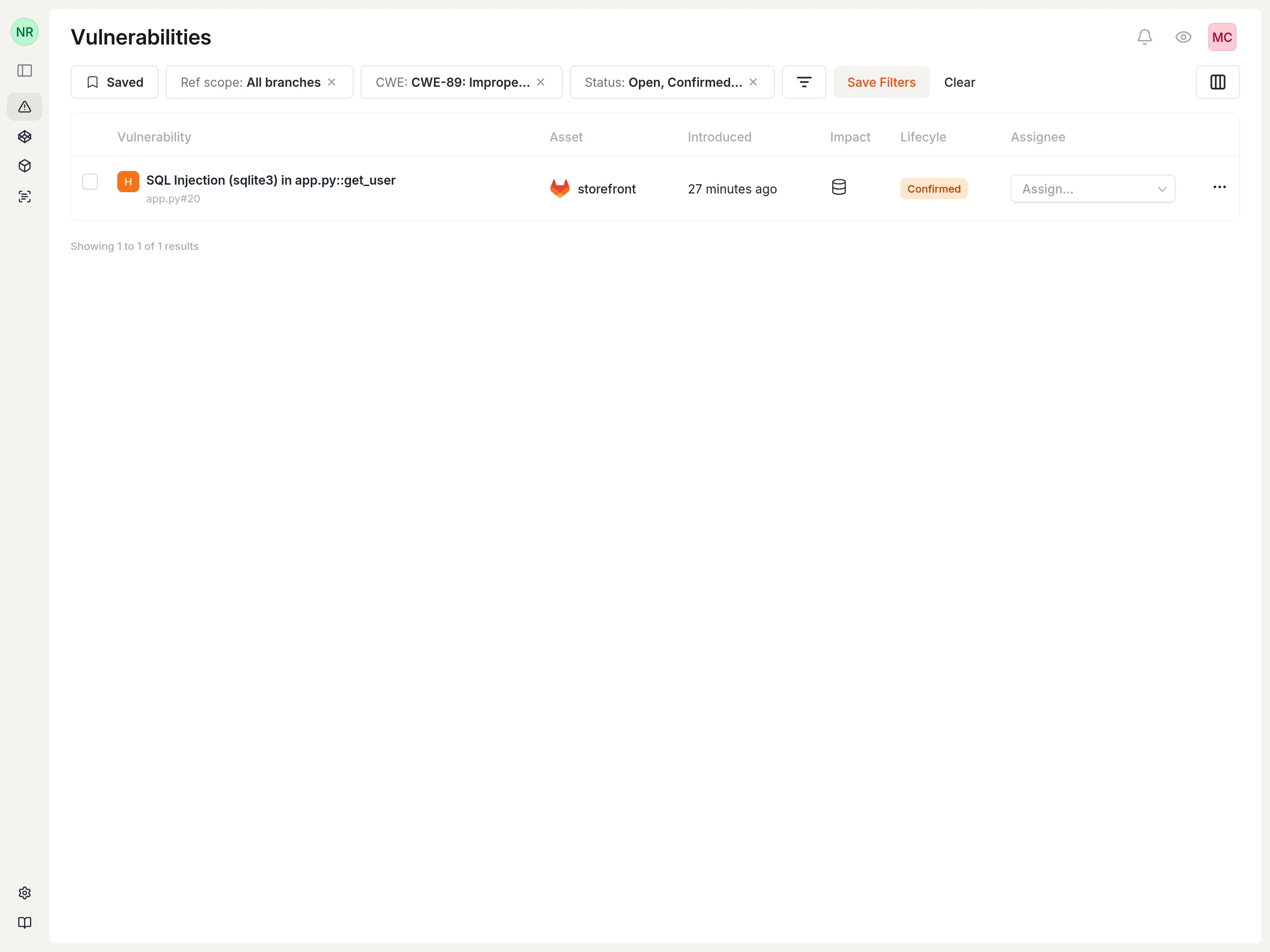 Vulnerability list filtered to show SQL Injection vulnerabilities with filter pills visible.