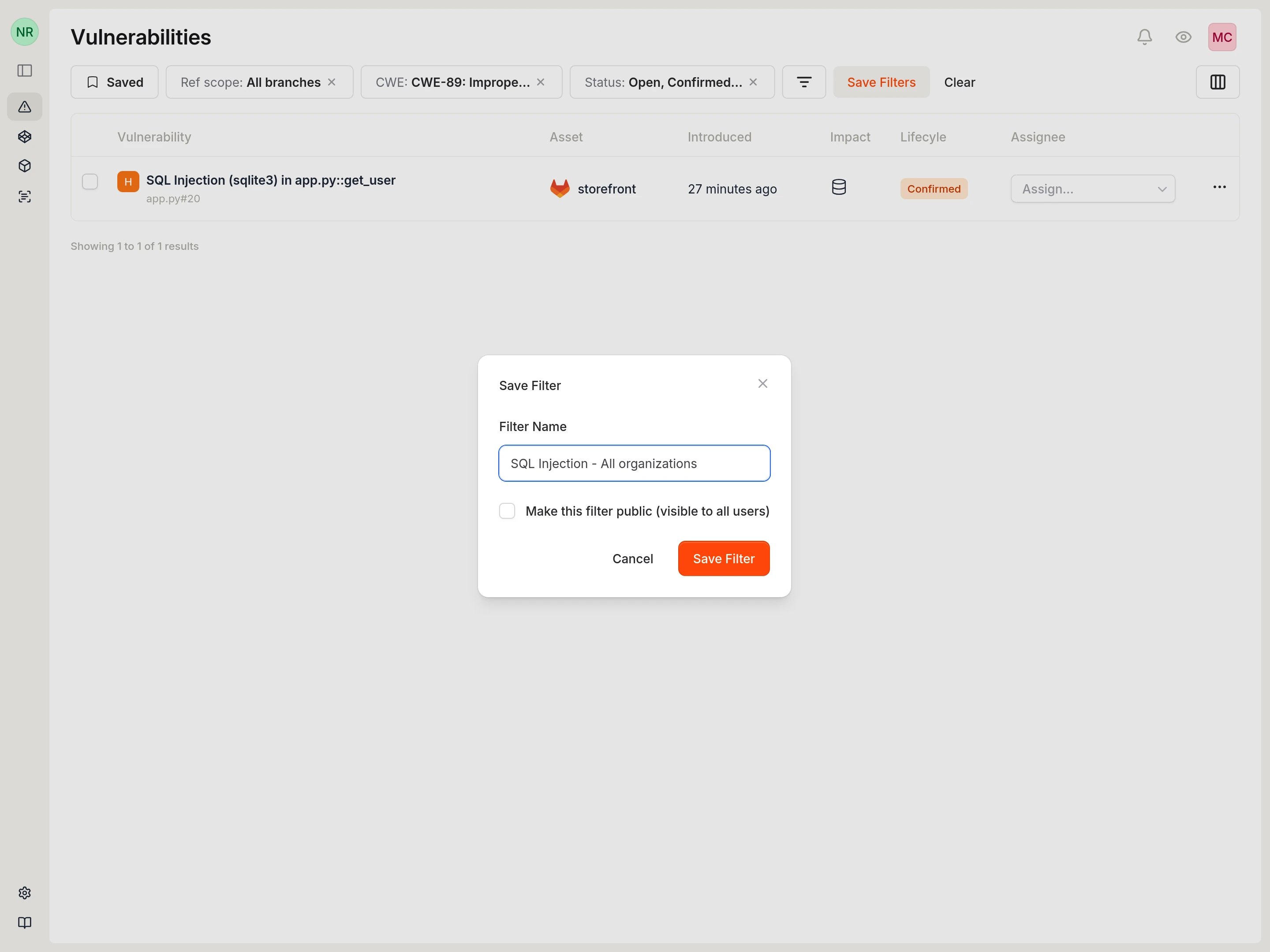 Save Filter dialog with a text field for filter name and checkbox for making it public.