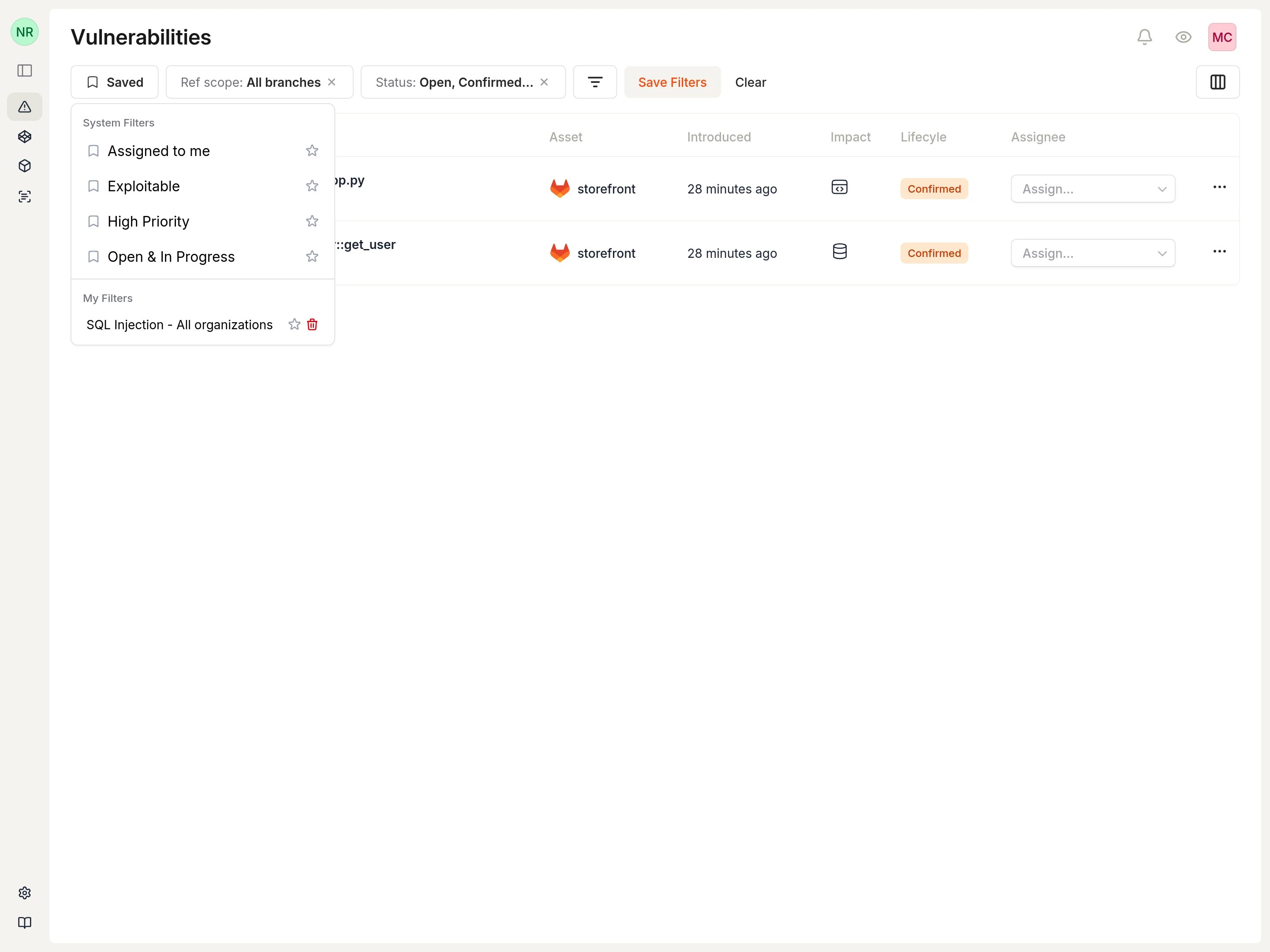 Saved filters dropdown showing System Filters section with Assigned to me, Exploitable, High Priority, and Open and In Progress, plus My Filters section with custom SQL Injection filter.