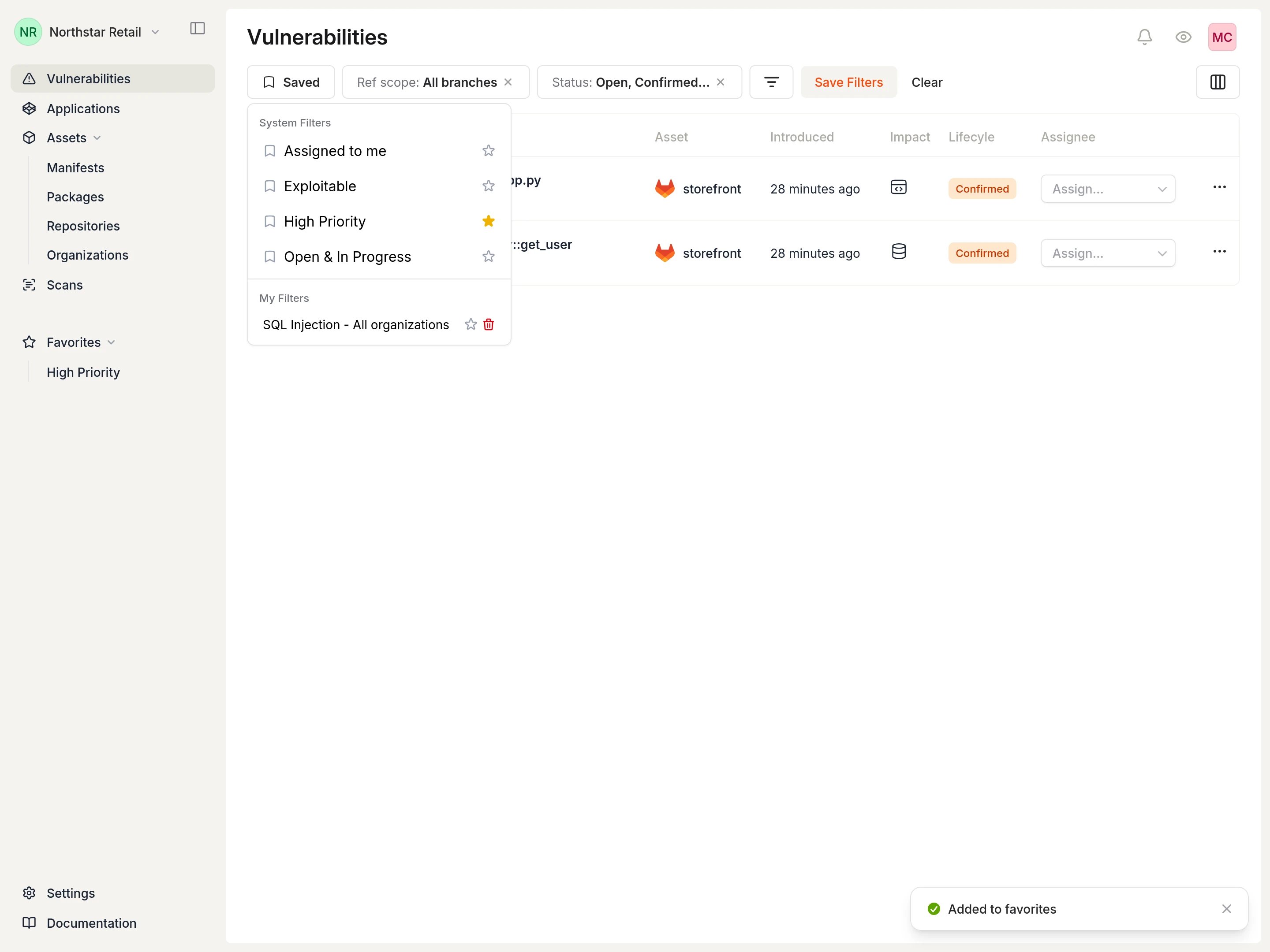 Saved filters panel with High Priority filter showing a filled star, and the sidebar showing the Favorites section with the same filter for quick access.