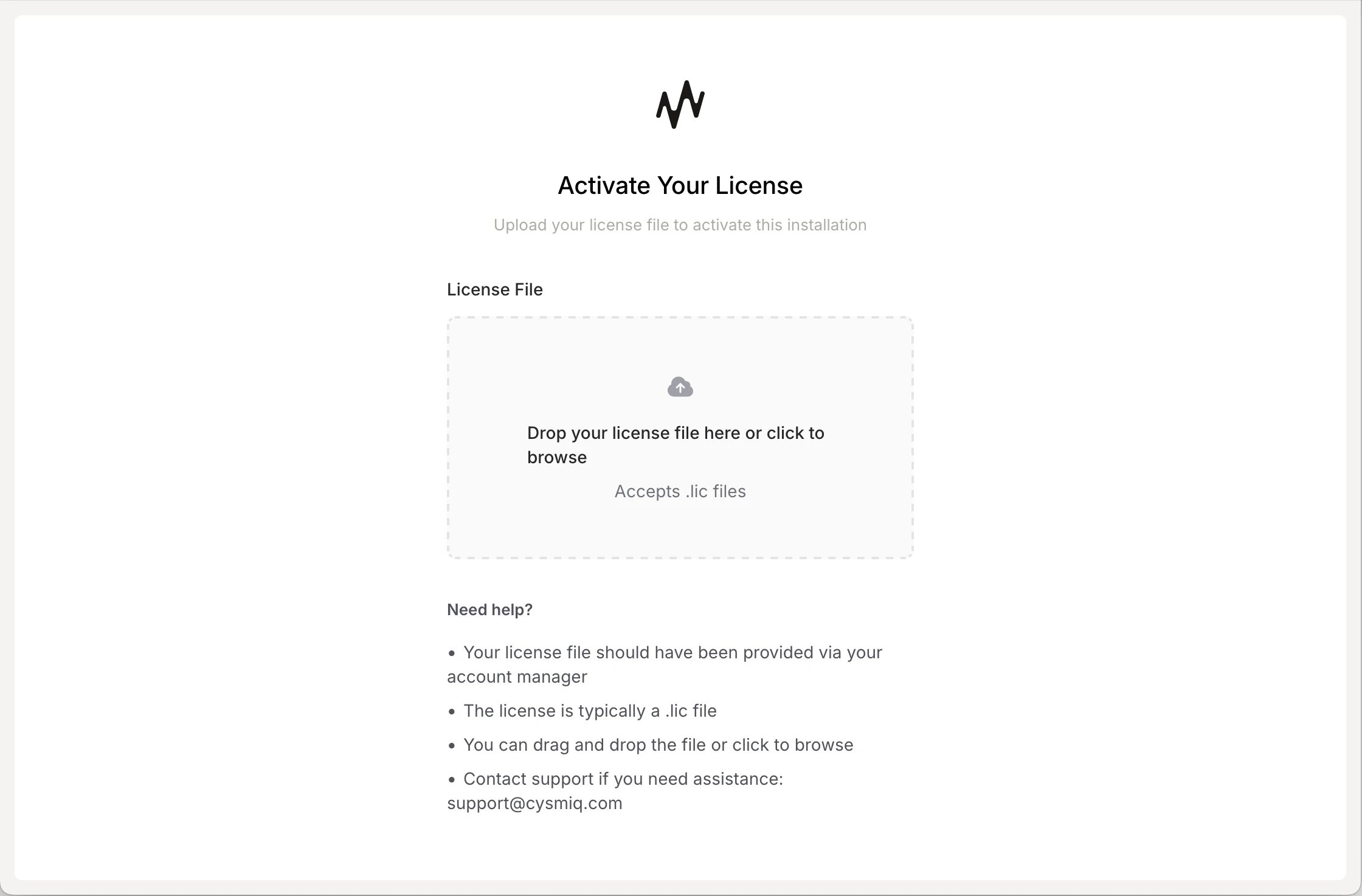 Cysmiq license activation page prompting for a .lic file.