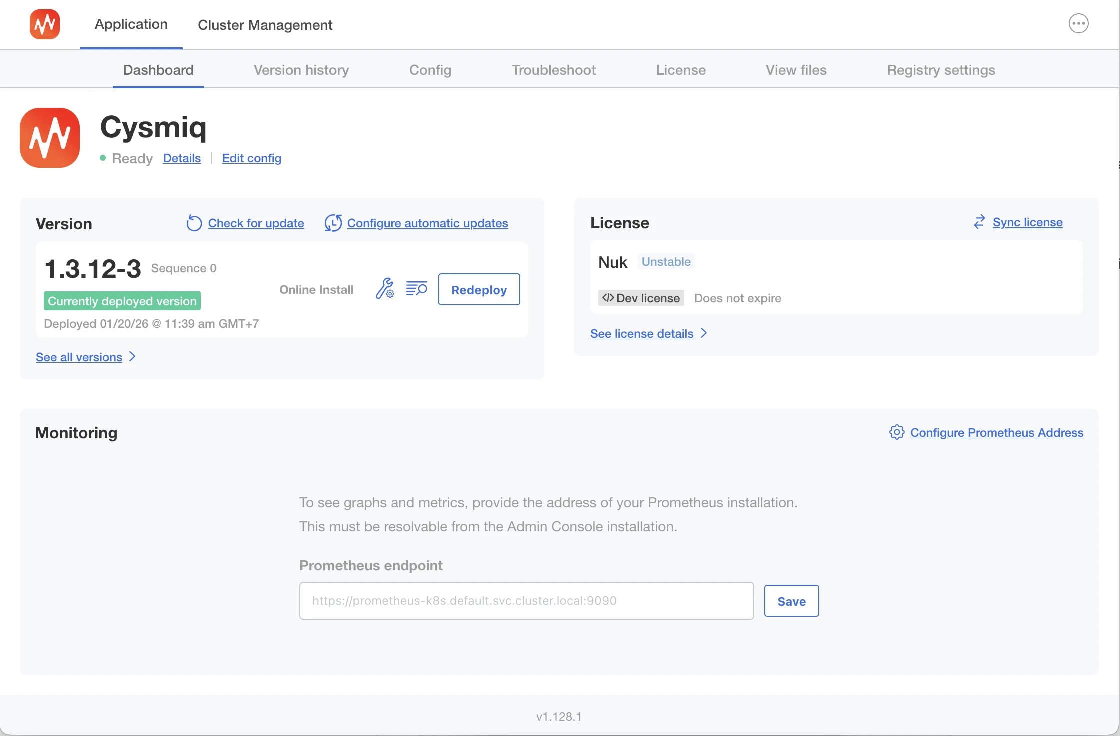 Replicated Admin Console dashboard showing the Cysmiq application status.